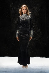 Save The Date Black Crysta Embellished Velvet Maxi Dress