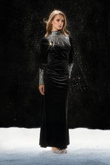 Save The Date Black Crysta Embellished Velvet Maxi Dress