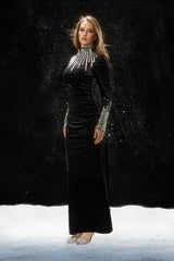 Save The Date Black Crysta Embellished Velvet Maxi Dress