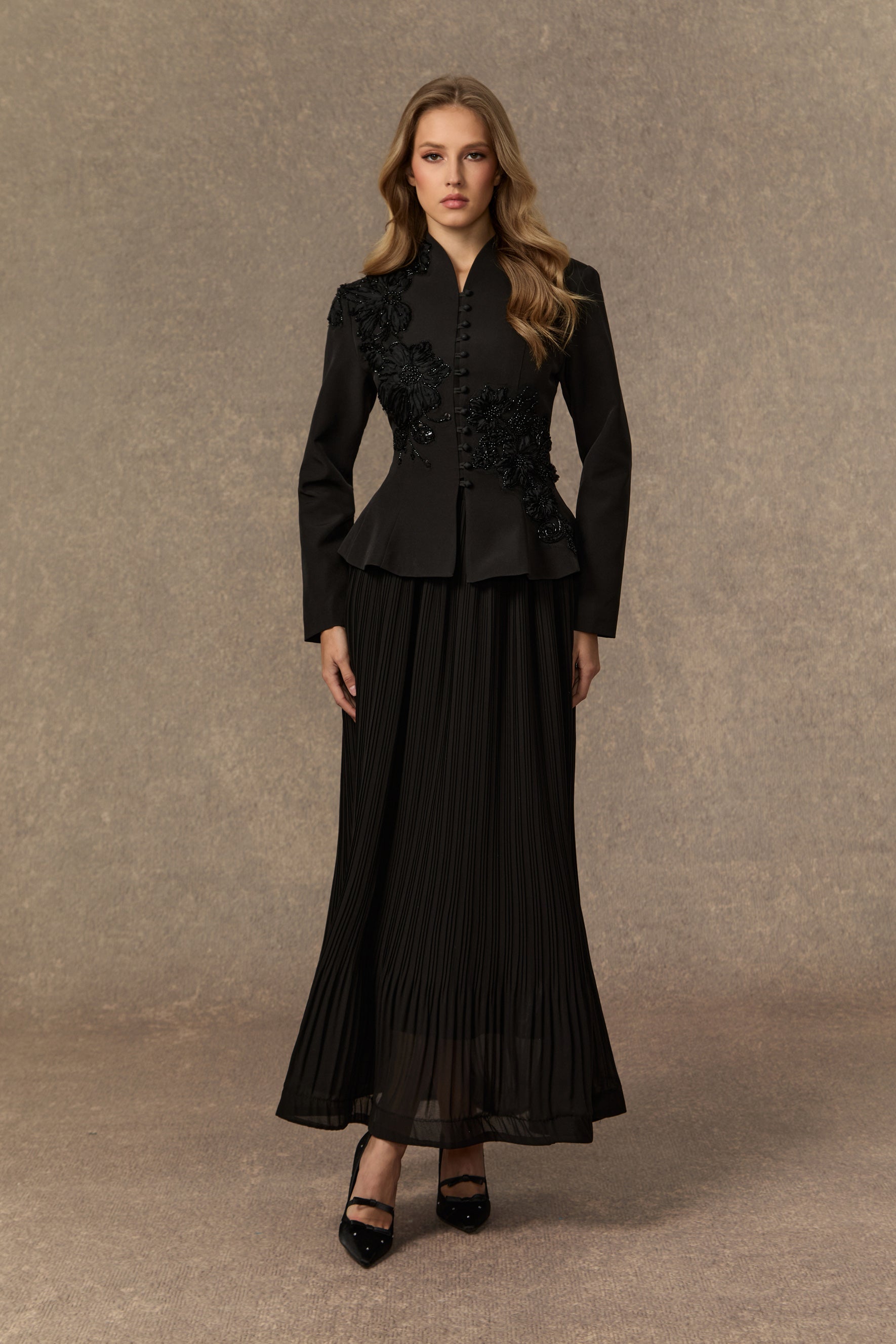 Graceful Arrival Black Lace Embroidered Jacket & Pleated Skirt Set