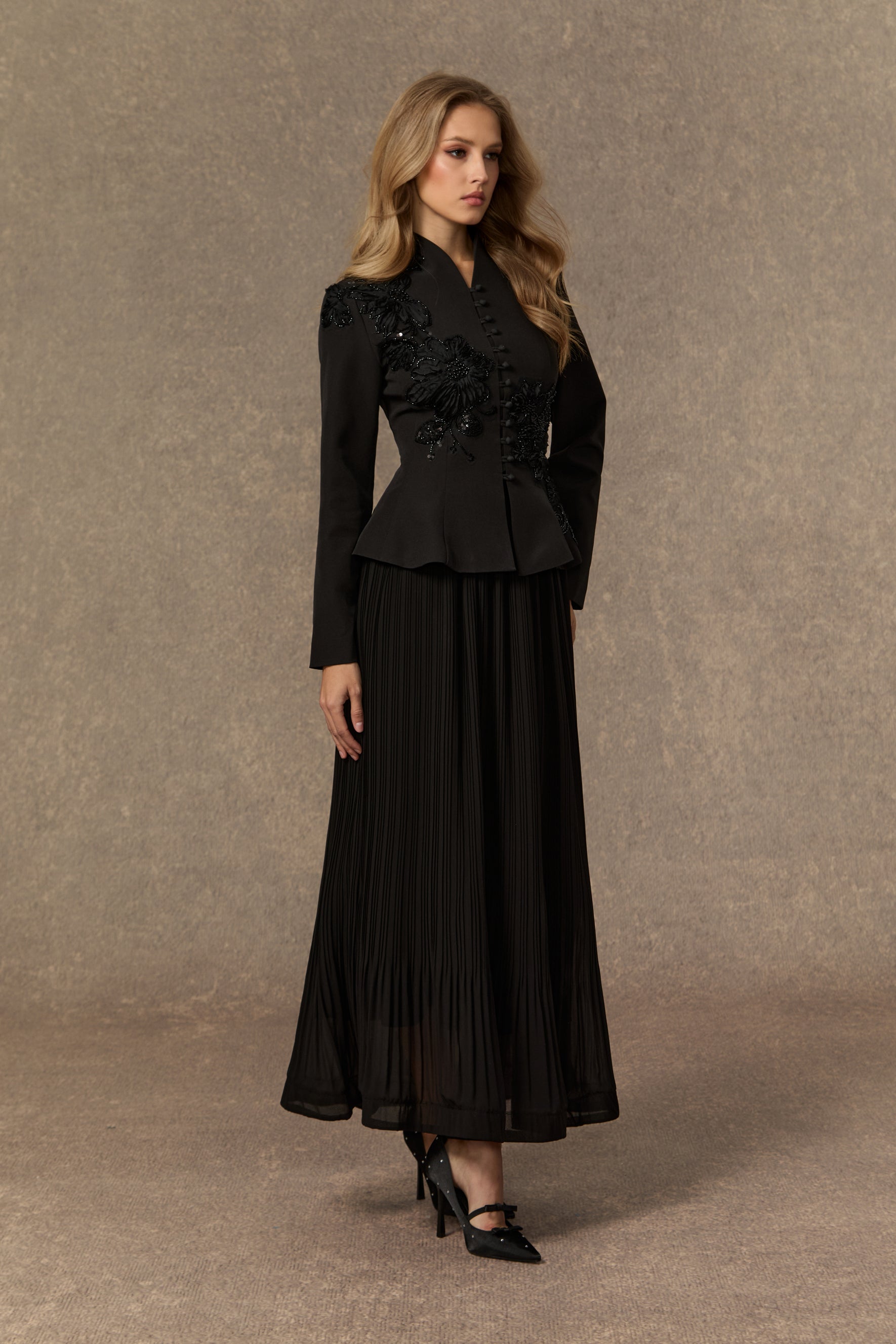 Graceful Arrival Black Lace Embroidered Jacket & Pleated Skirt Set
