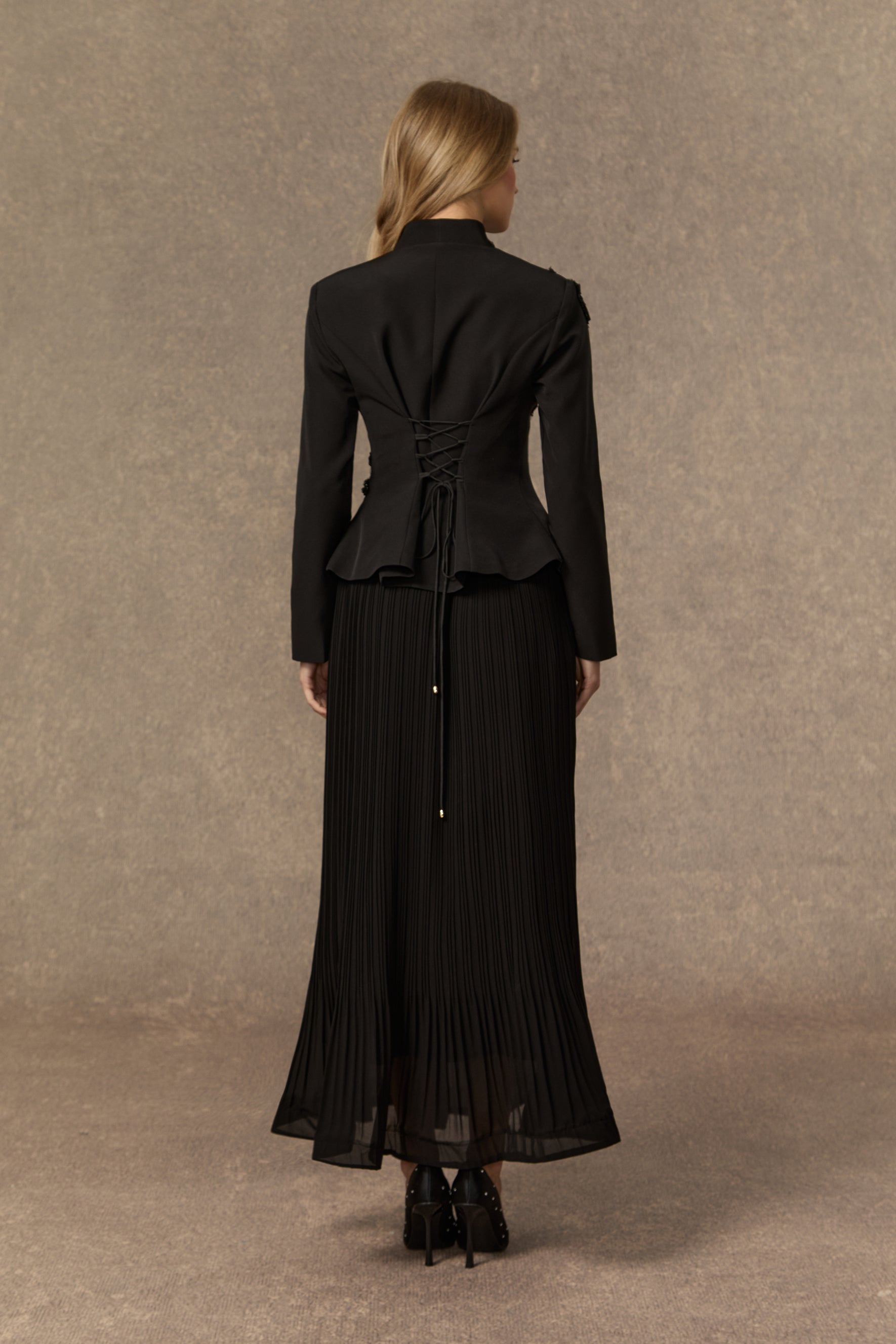 Graceful Arrival Black Lace Embroidered Jacket & Pleated Skirt Set