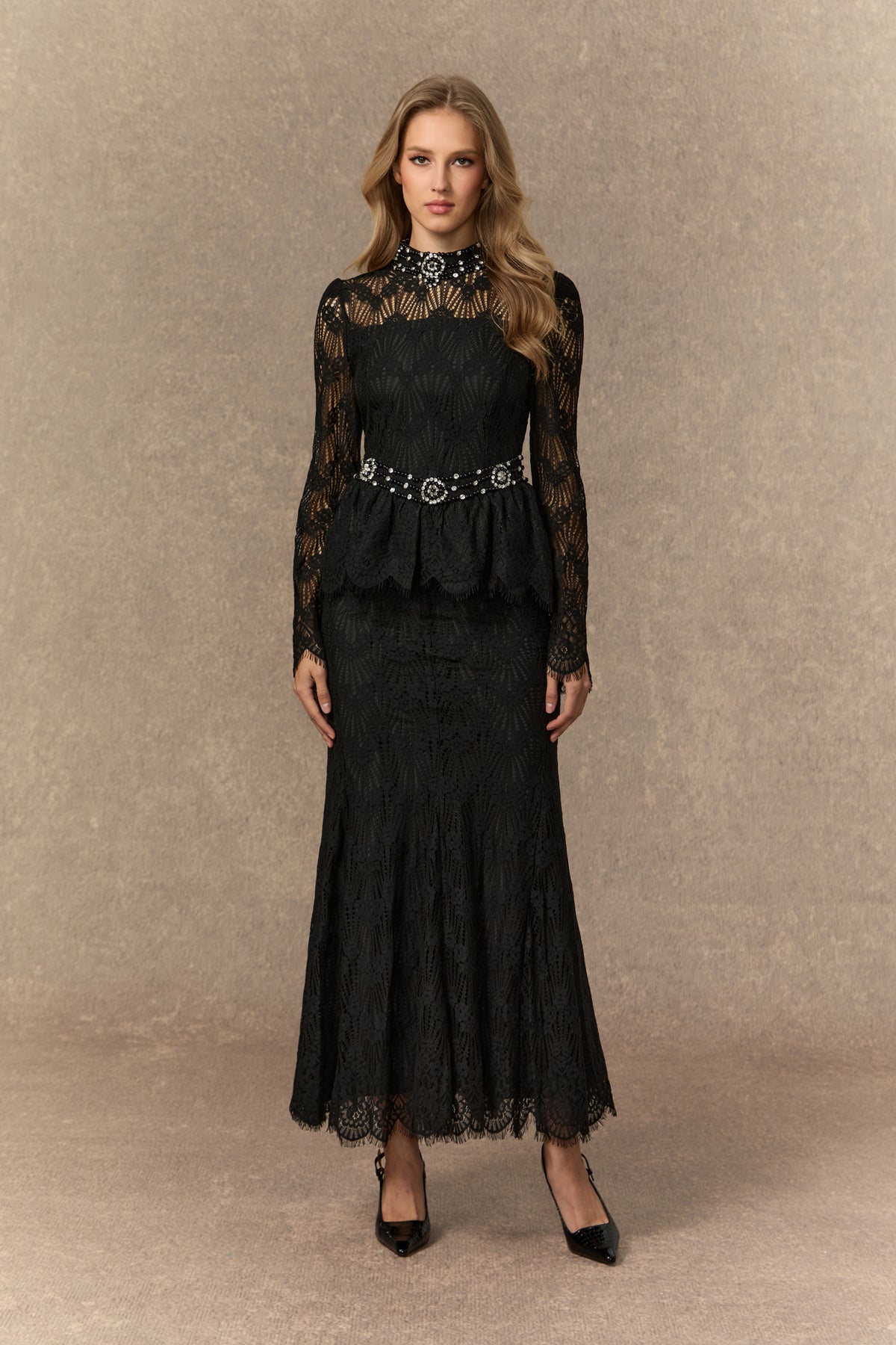 A Love Thing Black Beaded Lace Top & Mermaid Skirt Set