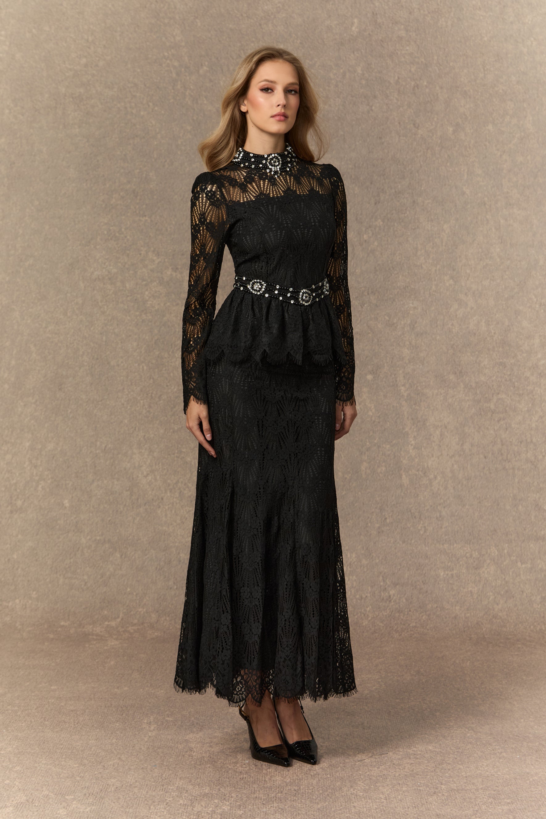 A Love Thing Black Beaded Lace Top & Mermaid Skirt Set