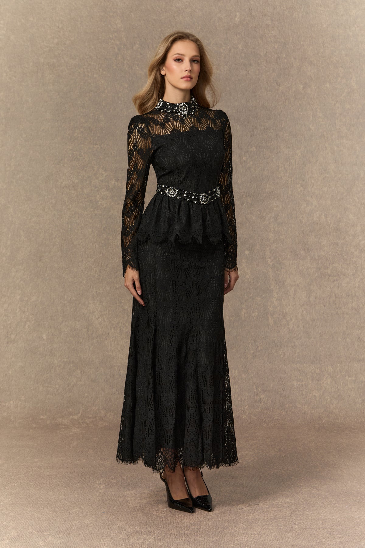 A Love Thing Black Beaded Lace Top & Mermaid Skirt Set