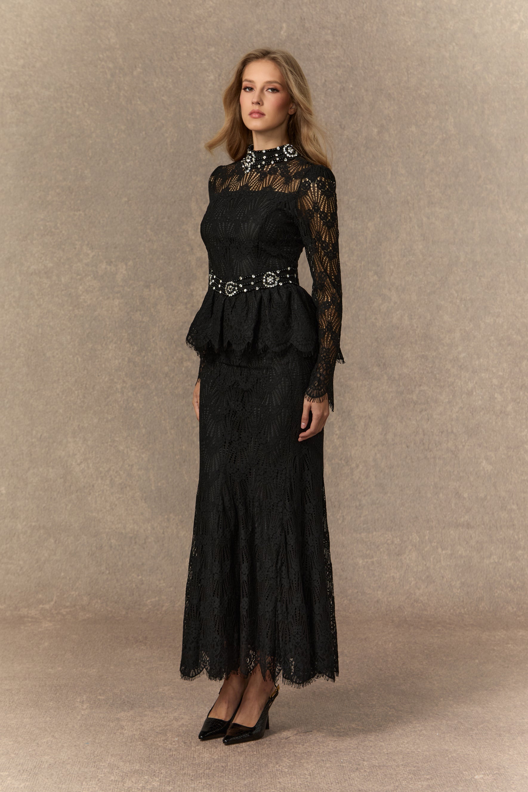 A Love Thing Black Beaded Lace Top & Mermaid Skirt Set