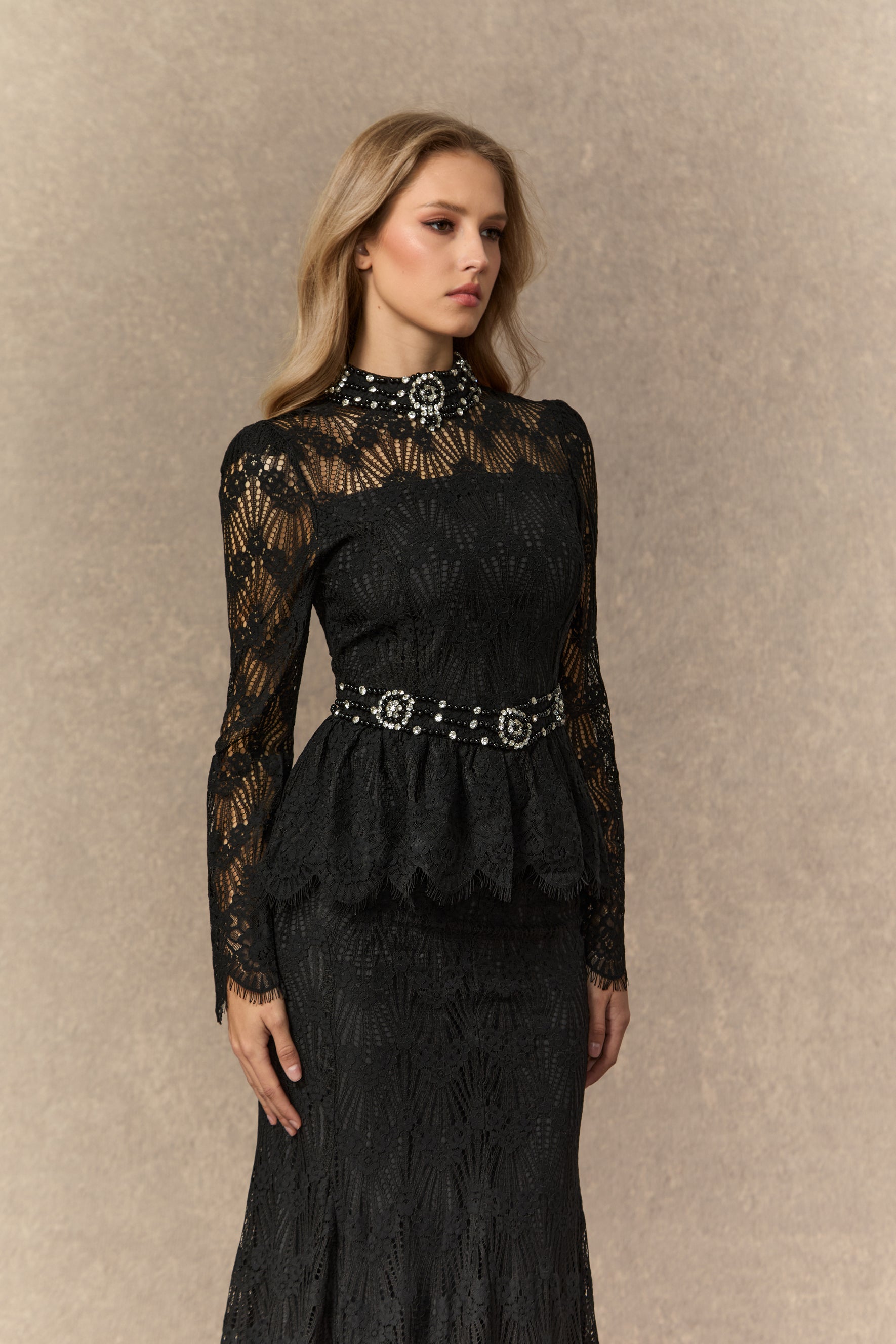 A Love Thing Black Beaded Lace Top & Mermaid Skirt Set