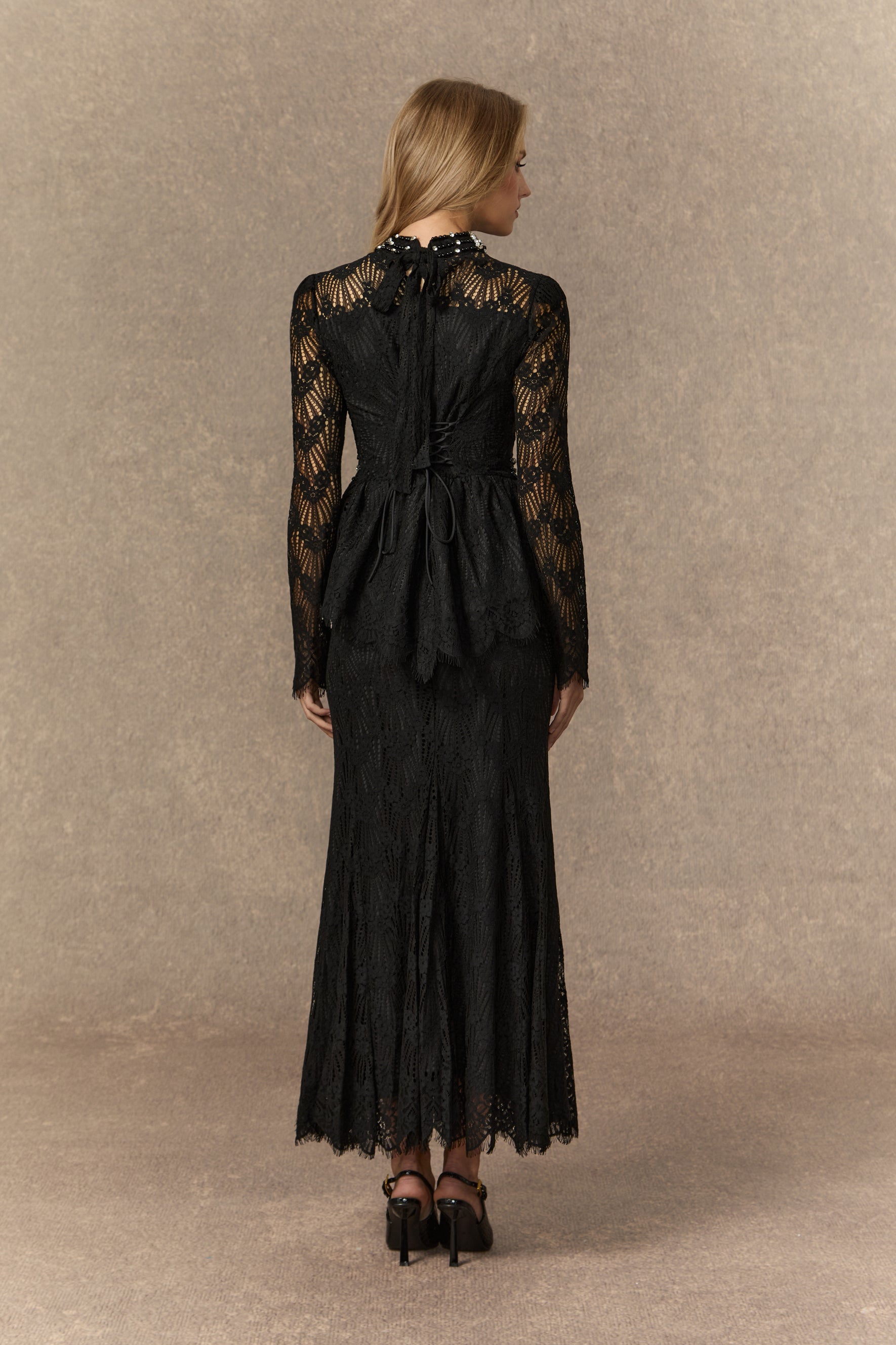 A Love Thing Black Beaded Lace Top & Mermaid Skirt Set