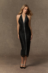 Stunned By You Black Deep V-Neck Fringe Midi Dress
