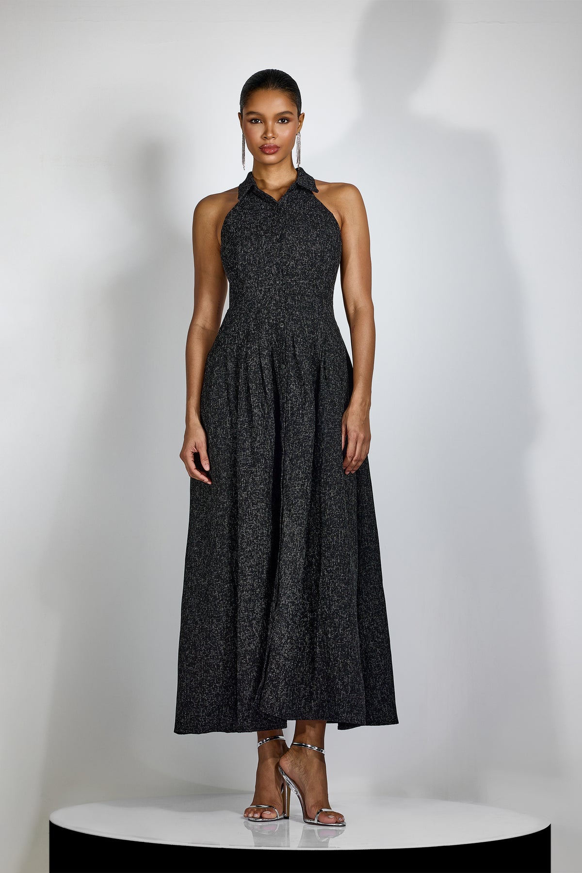Alarice Shirt Collar Sleeveless Tweed Maxi Dress