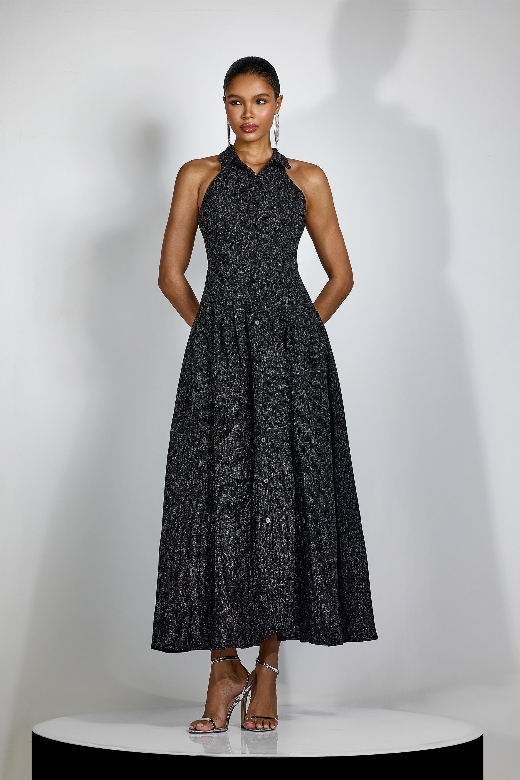 Alarice Shirt Collar Sleeveless Tweed Maxi Dress
