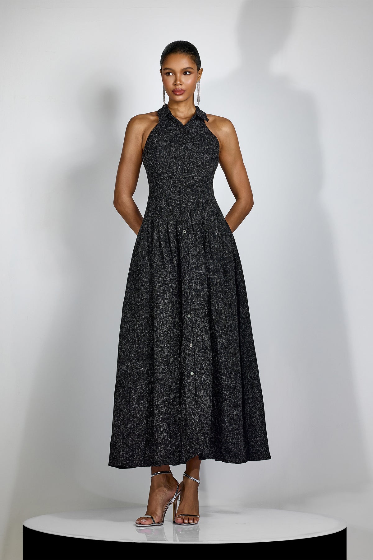 Alarice Shirt Collar Sleeveless Tweed Maxi Dress