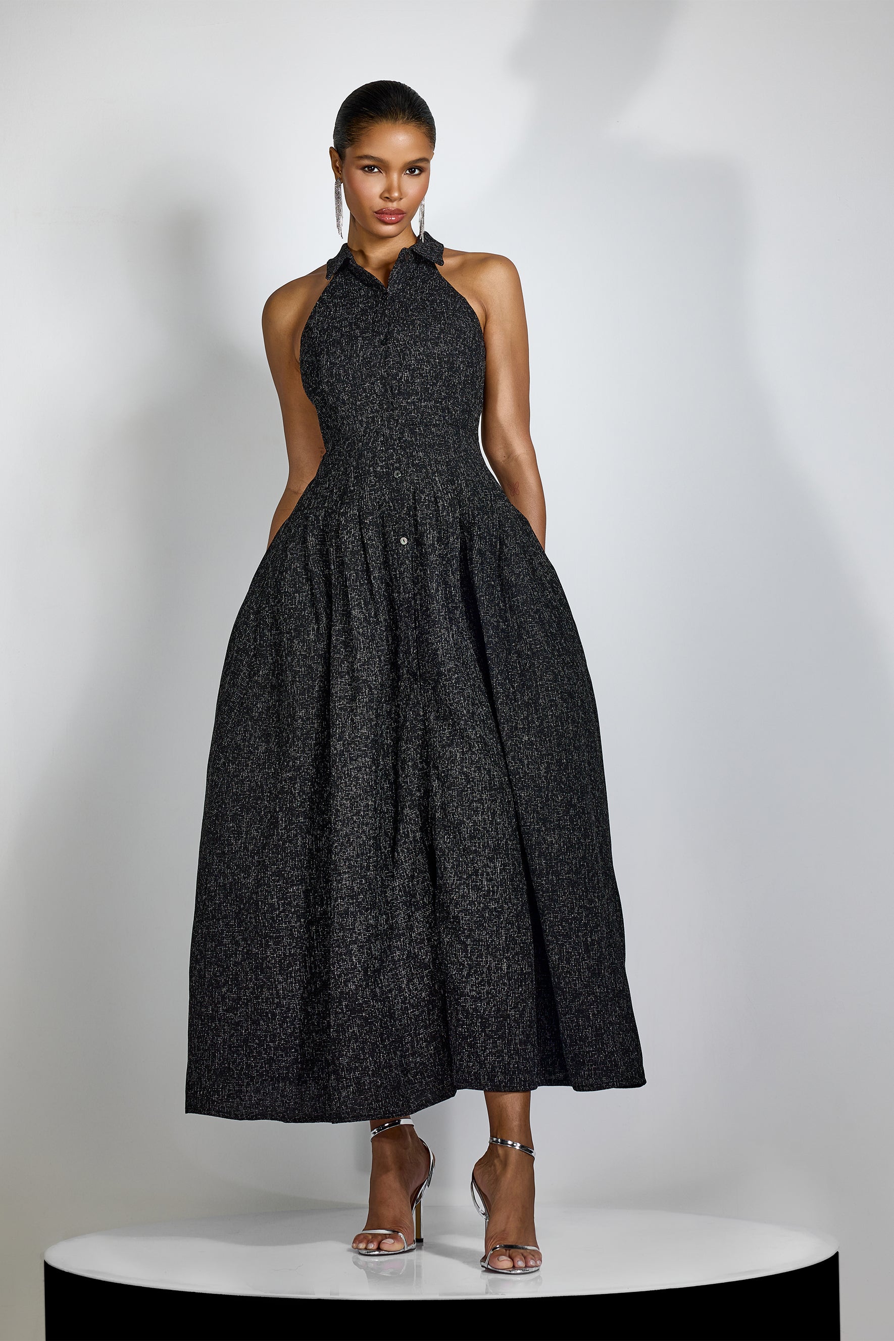 Alarice Shirt Collar Sleeveless Tweed Maxi Dress