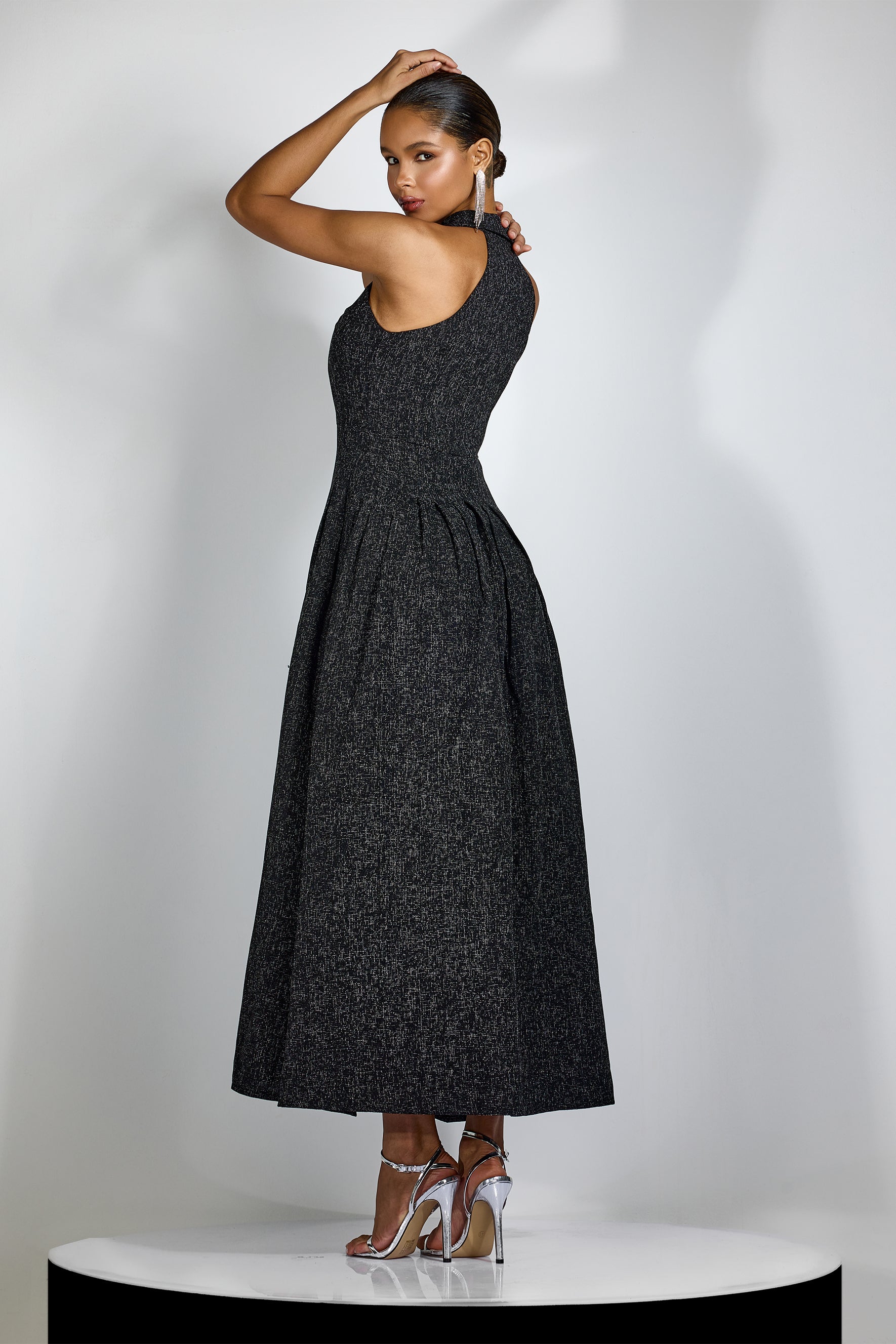 Alarice Shirt Collar Sleeveless Tweed Maxi Dress