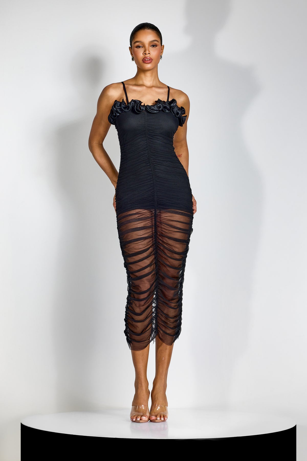 Nora Ruffle Trim Ruched Mesh Midi Dress