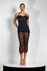 Nora Ruffle Trim Ruched Mesh Midi Dress