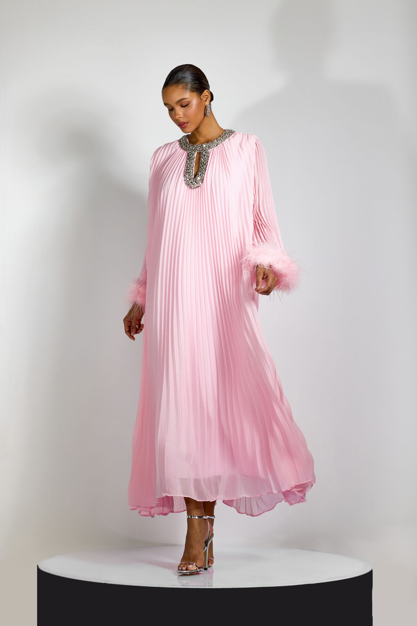 Yvonne Diamante Feathered Pleated Maxi Chiffon Dress