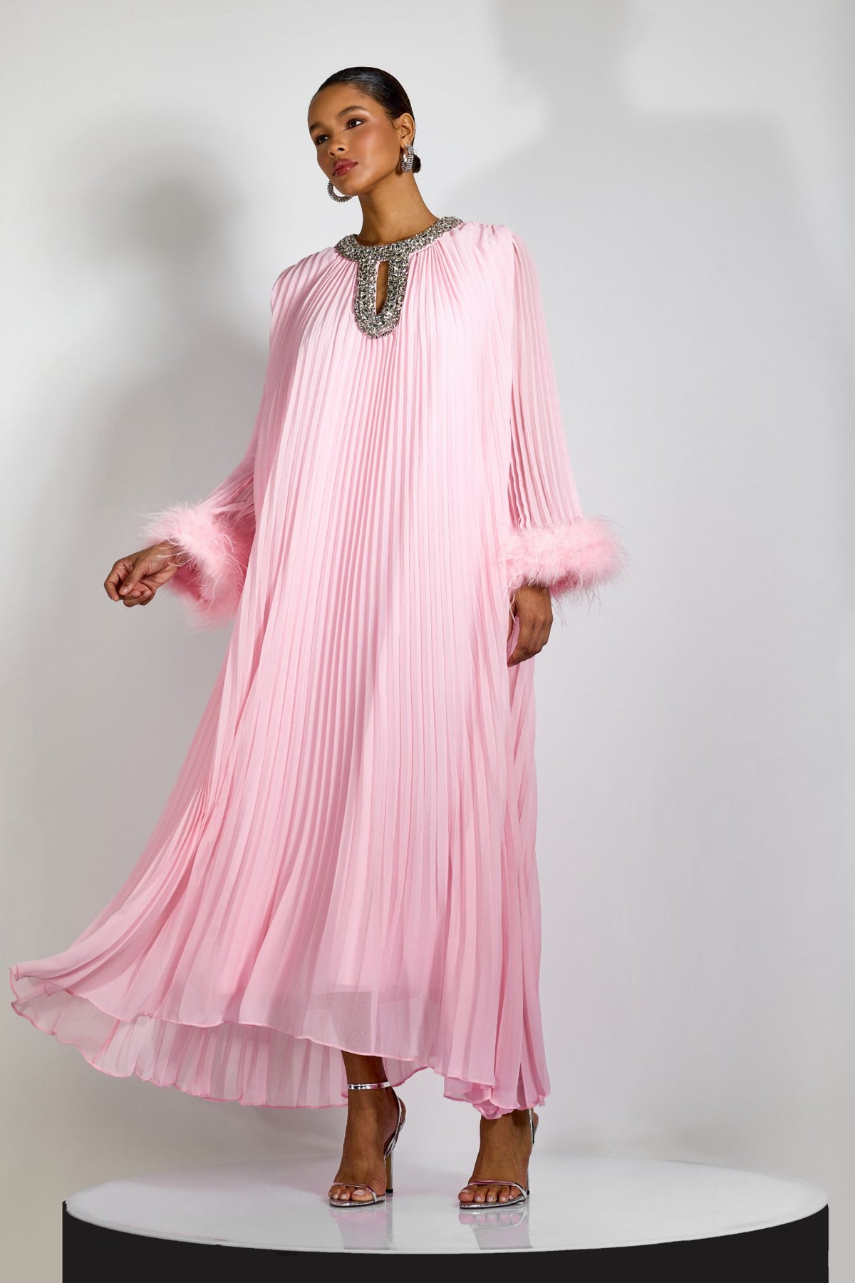Yvonne Diamante Feathered Pleated Maxi Chiffon Dress