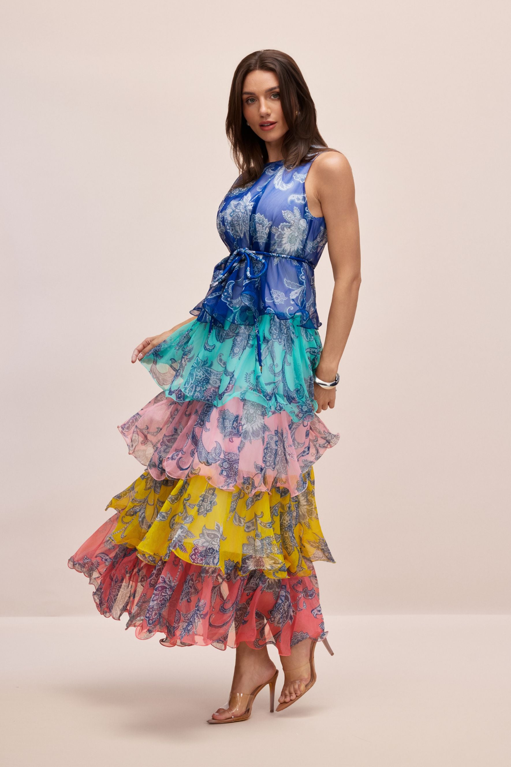 Cynthia Printed Tiered Ruffle Maxi Dress