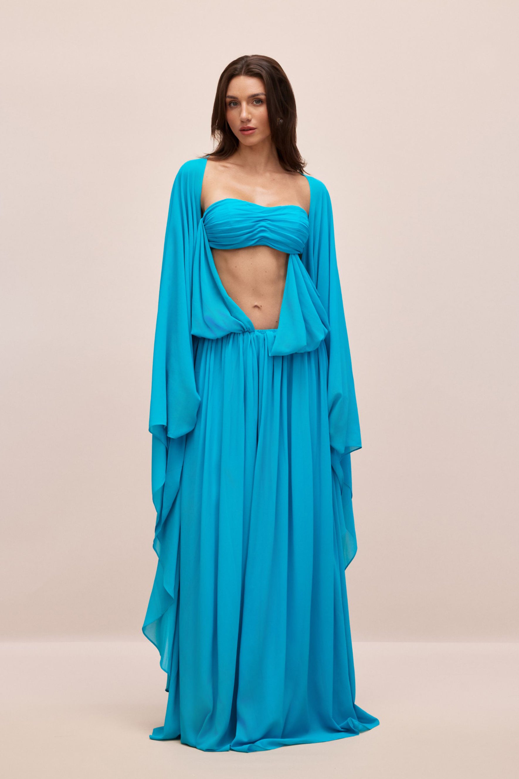 Eugenia Asymmetric Draped Cape Sleeve Maxi Dress