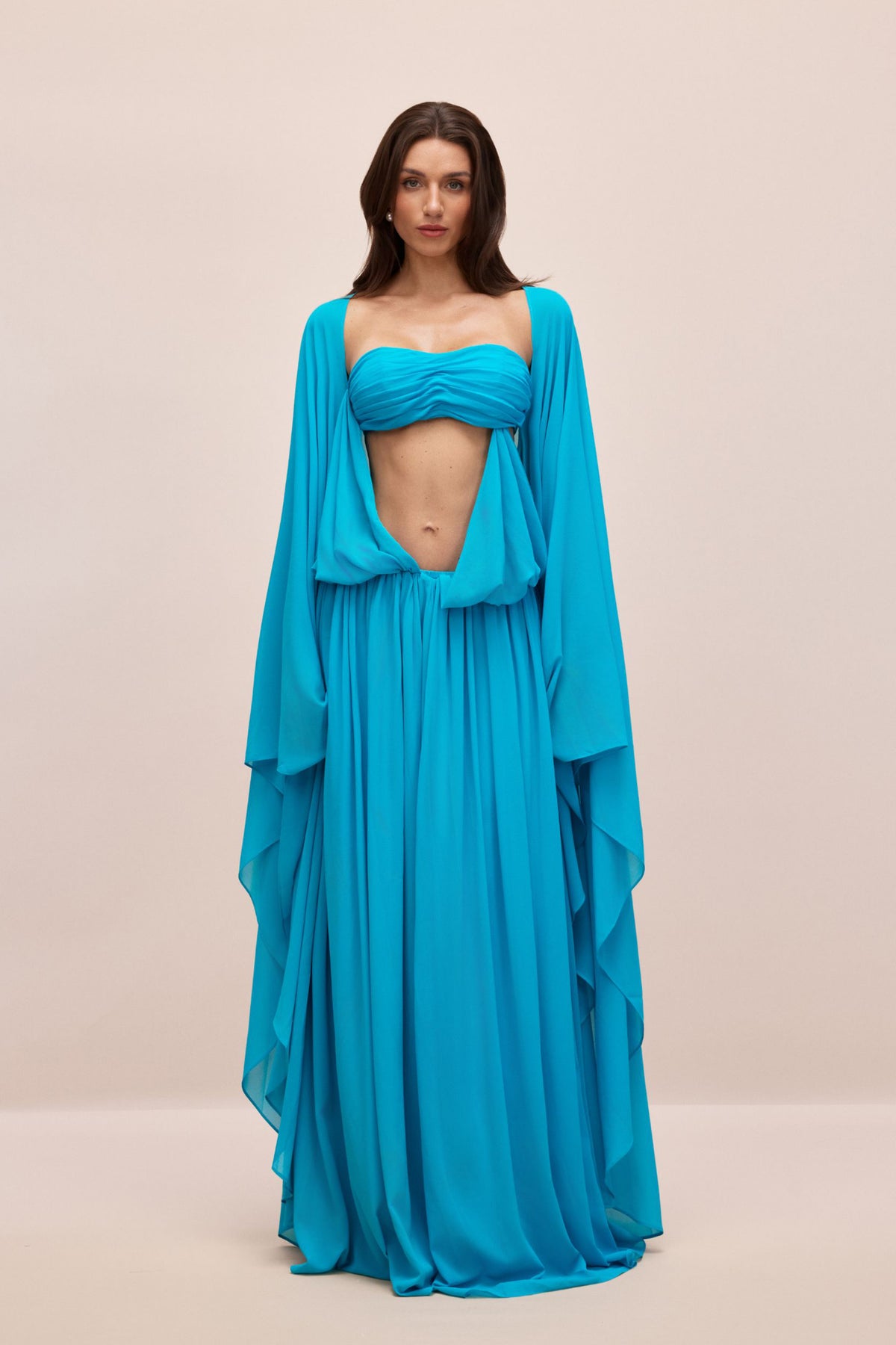 Eugenia Asymmetric Draped Cape Sleeve Maxi Dress