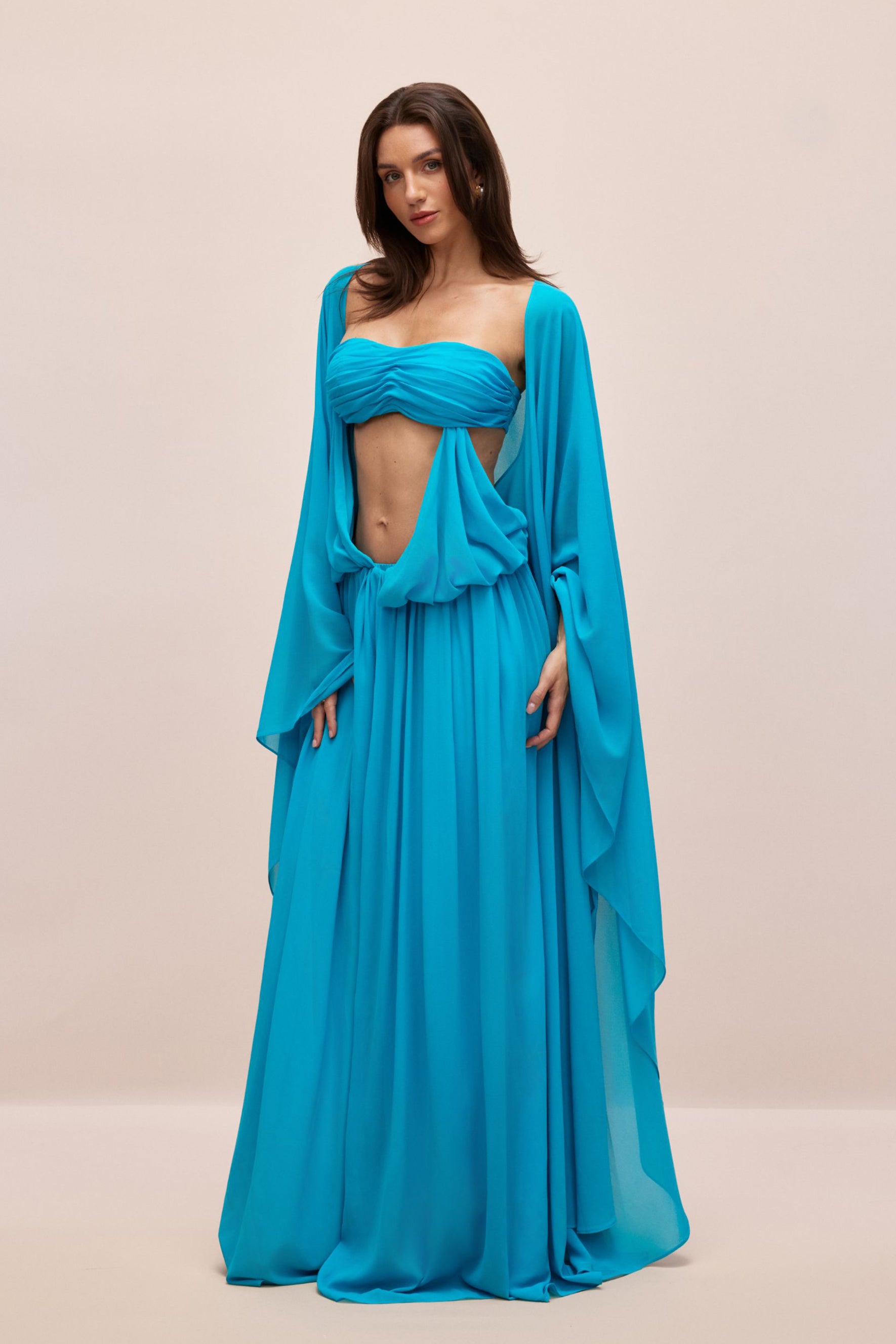Eugenia Asymmetric Draped Cape Sleeve Maxi Dress