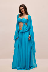 Eugenia Asymmetric Draped Cape Sleeve Maxi Dress