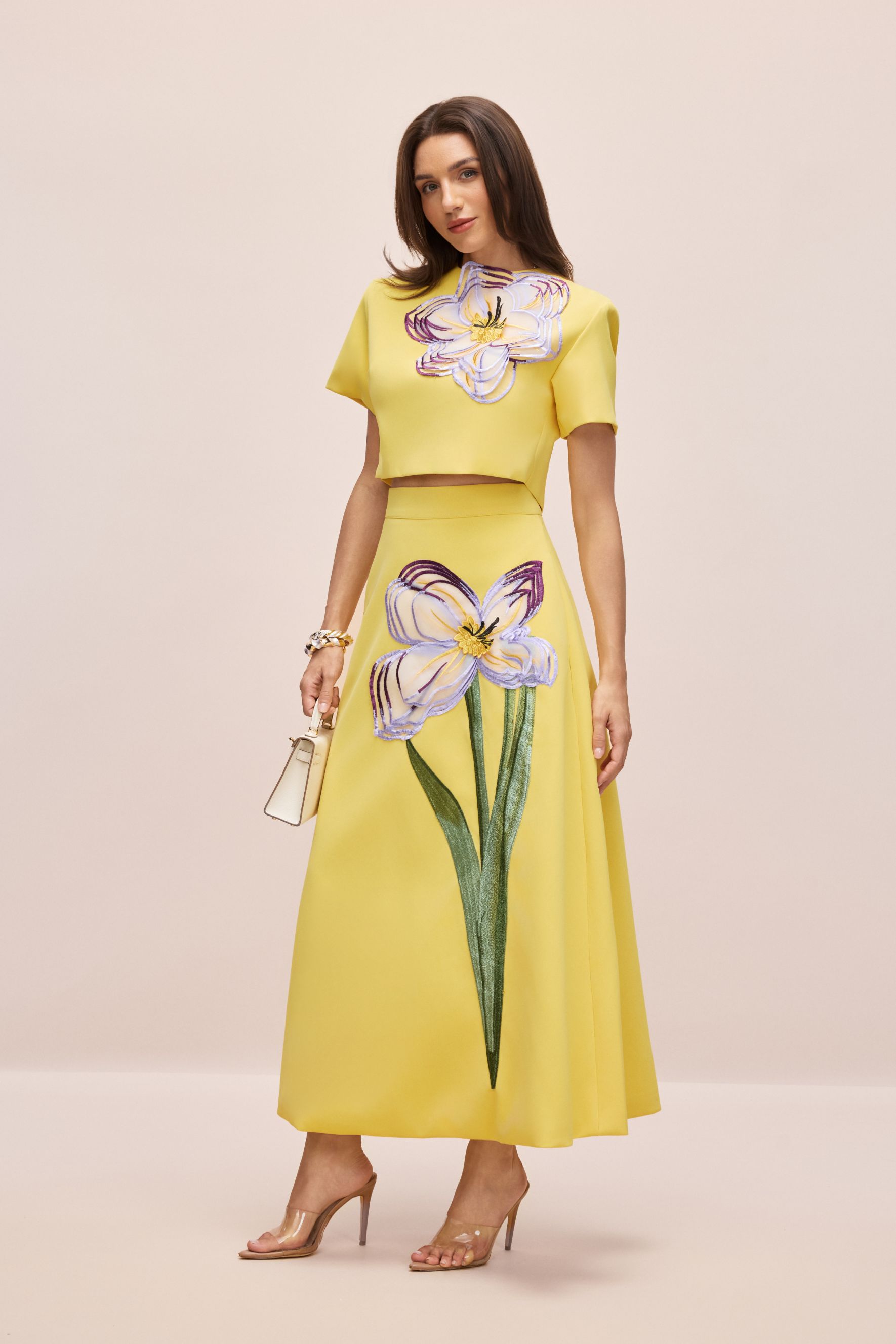 Angelica Floral Applique Short Sleeve Top & Skirt Set