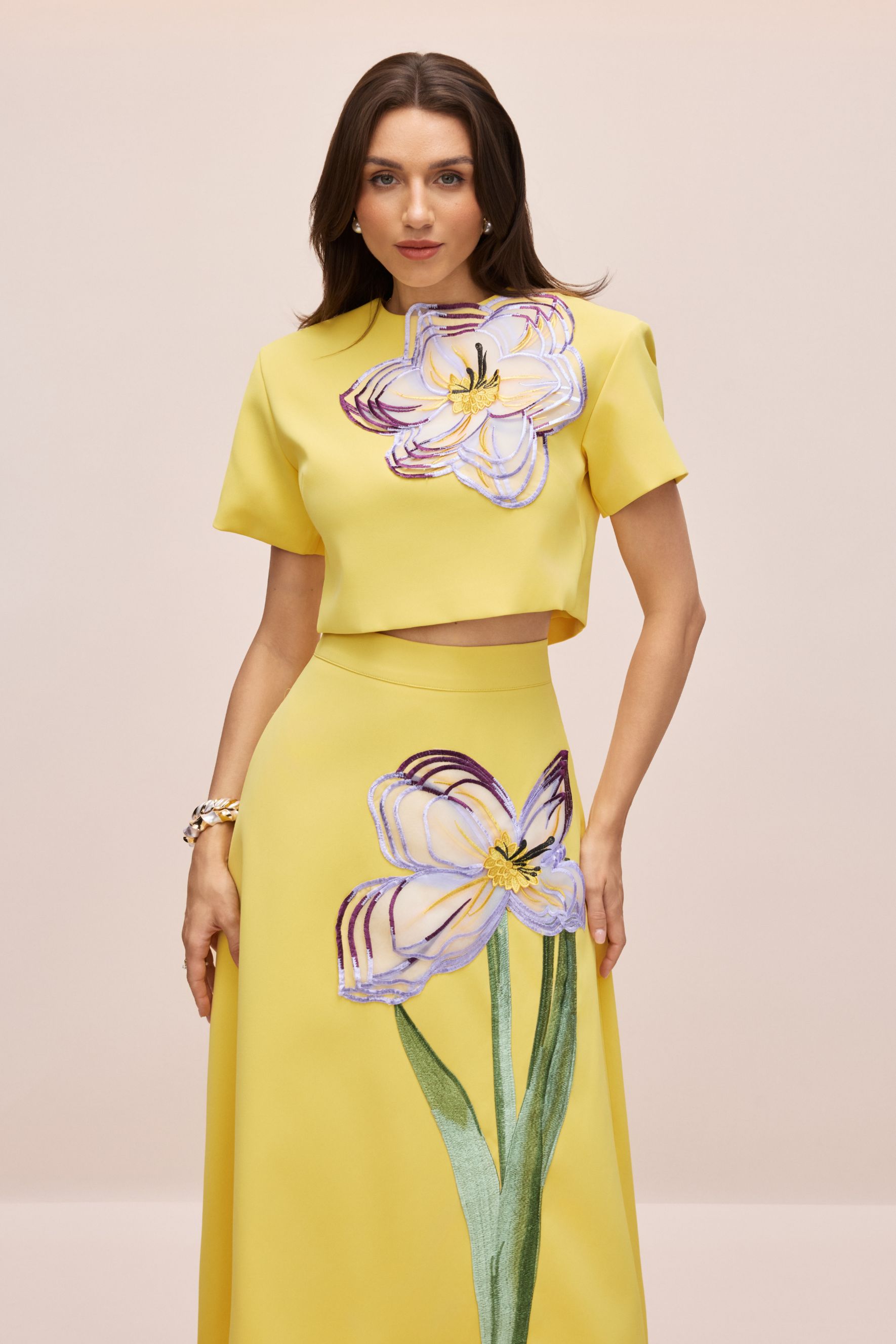 Angelica Floral Applique Short Sleeve Top & Skirt Set