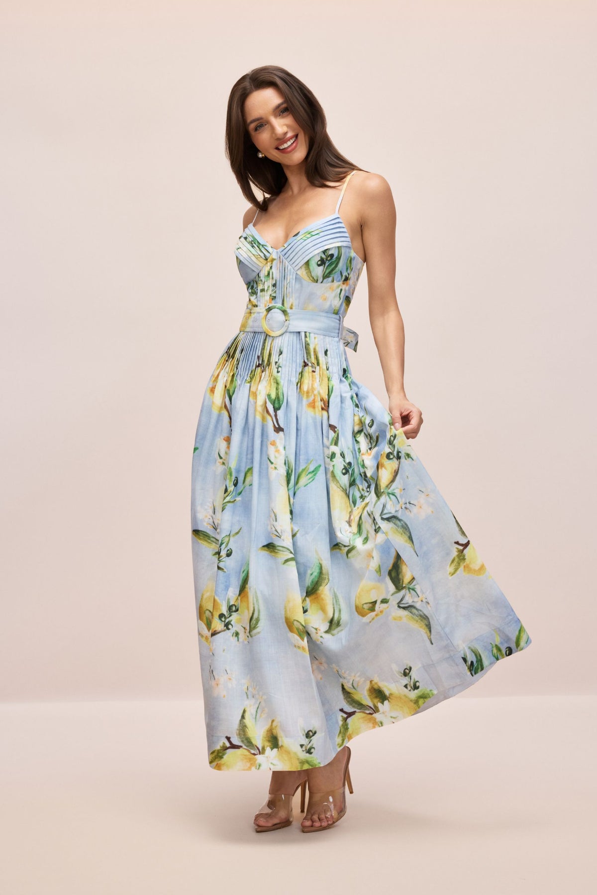 Joyce Lemon Print Spaghetti Strap Maxi Dress