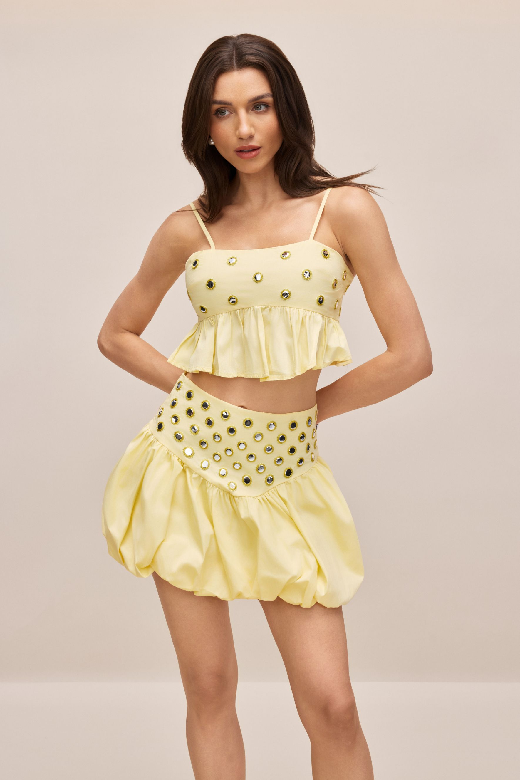 Irene Mirror Embellished Crop Top & Bubble Skirt Set