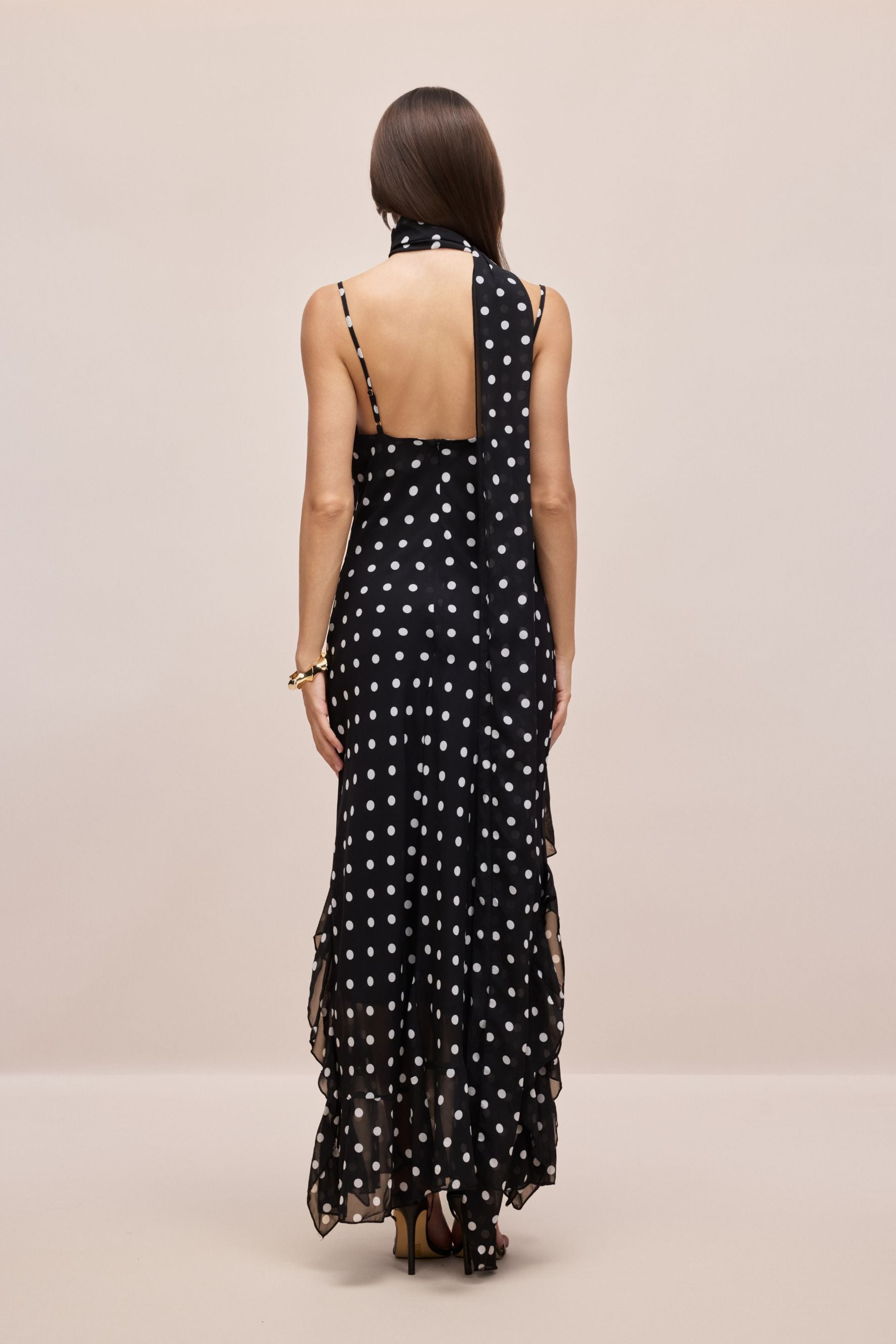 Veronica Polka Dot Ruffle Trim Maxi Dress with Scarf