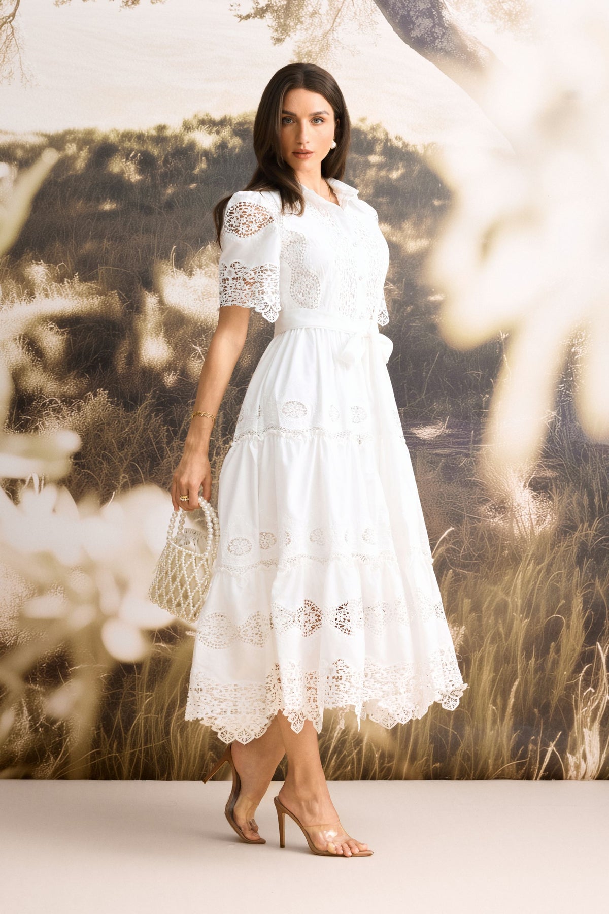 Ella Short Sleeve Embroidered Lace Midi Dress