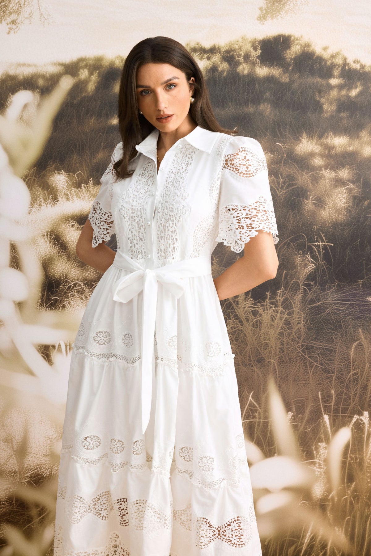 Ella Short Sleeve Embroidered Lace Midi Dress