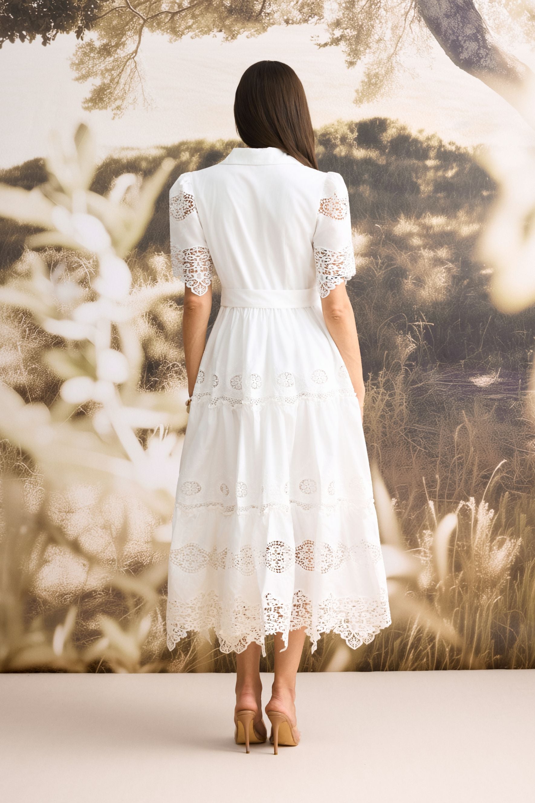 Ella Short Sleeve Embroidered Lace Midi Dress