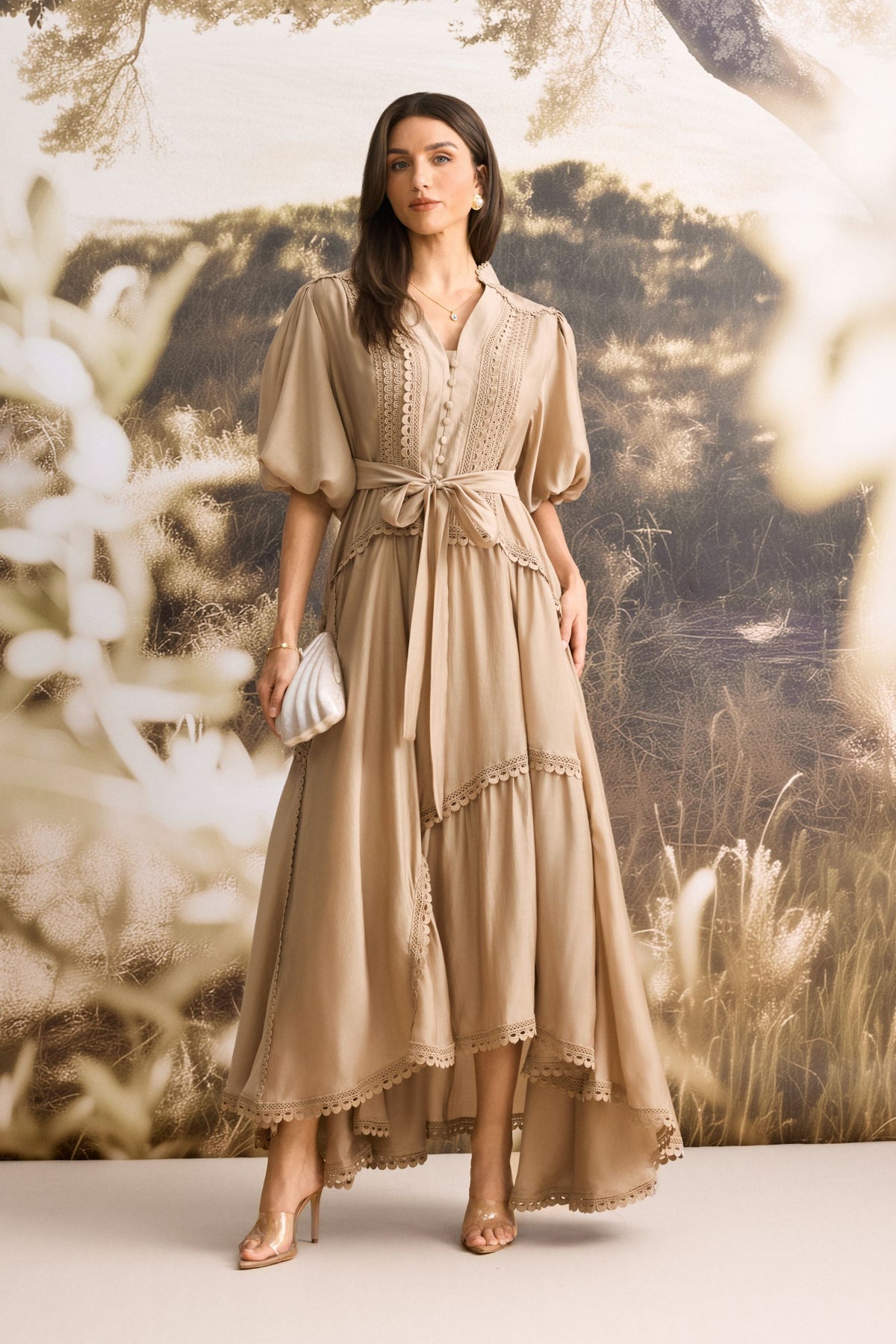 Penelope Lace Trim Puff Sleeve Maxi Dress