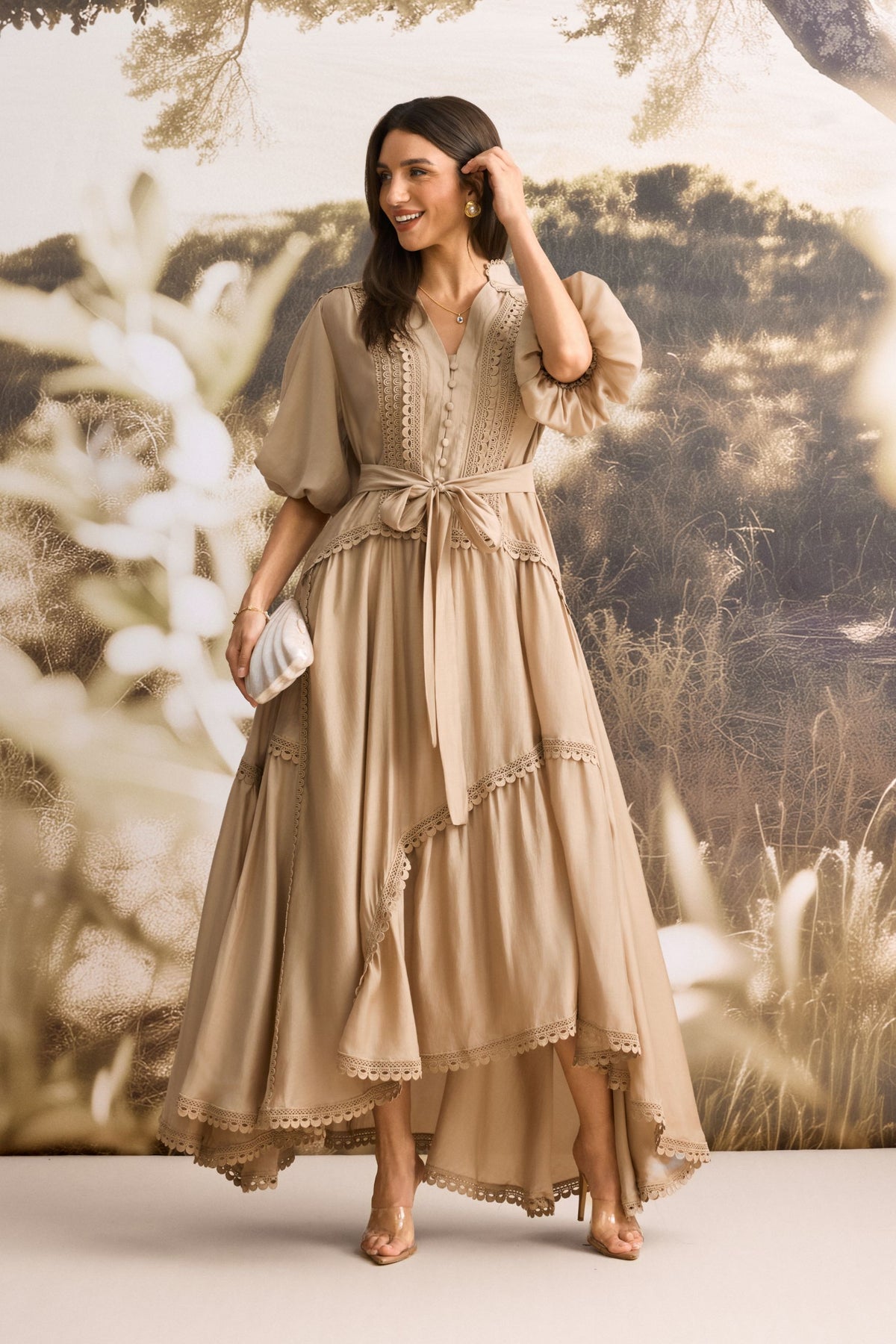 Penelope Lace Trim Puff Sleeve Maxi Dress