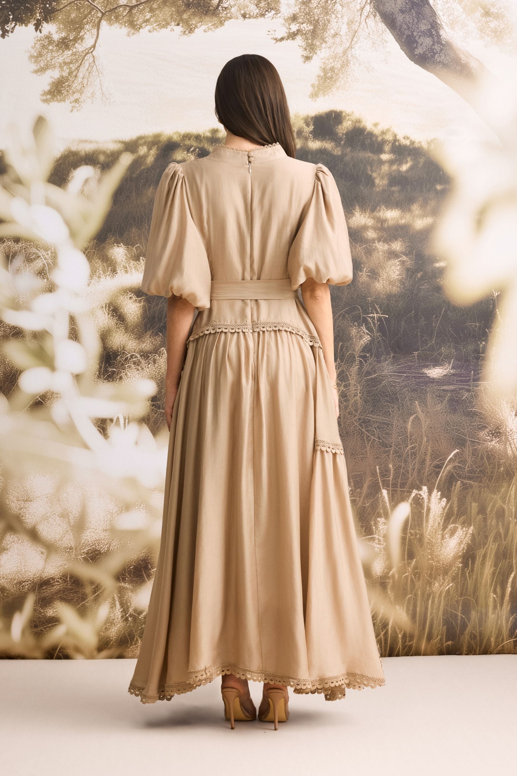 Penelope Lace Trim Puff Sleeve Maxi Dress