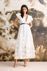 Luna Deep V-Neck Sheer Lace Maxi Dress