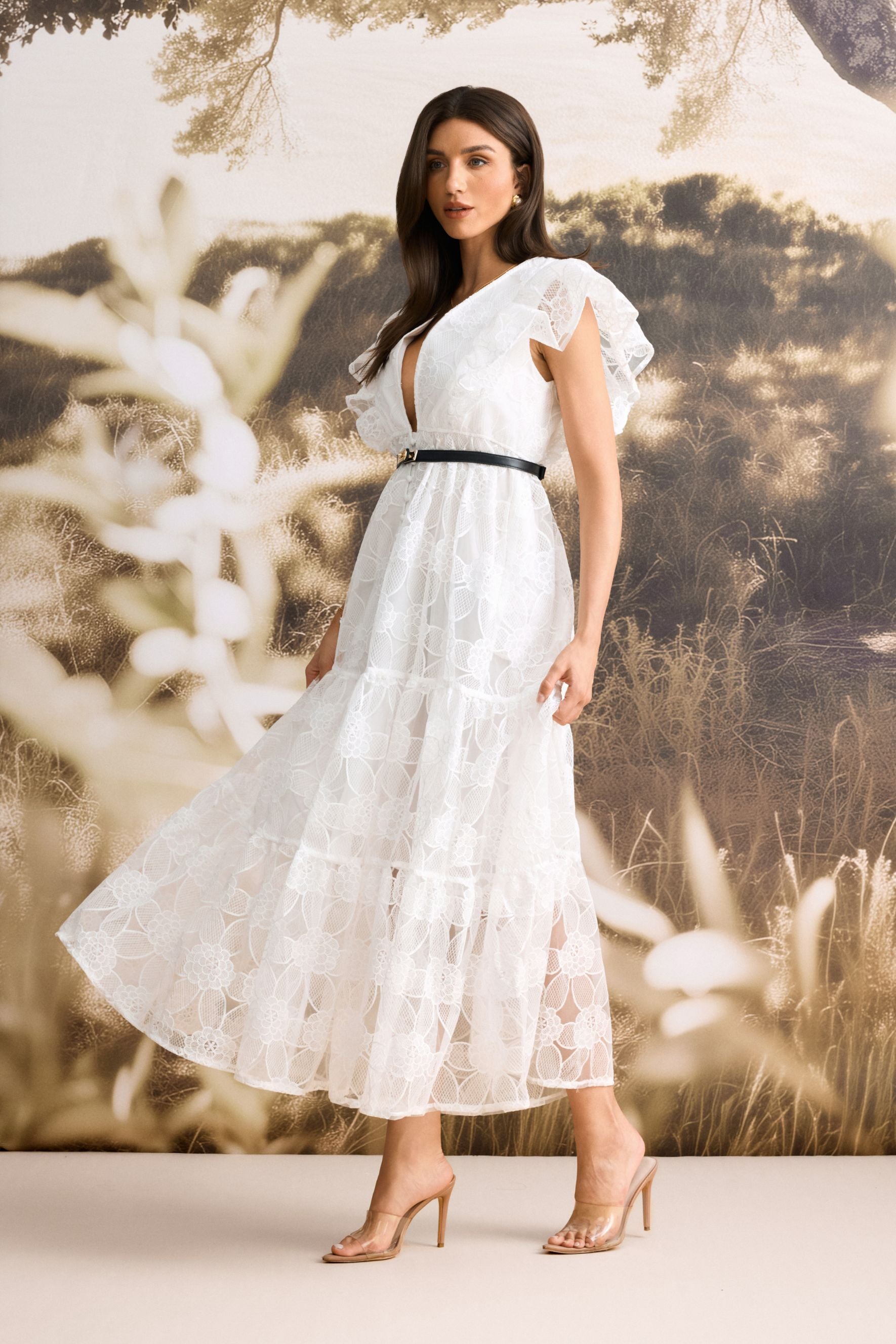 Luna Deep V-Neck Sheer Lace Maxi Dress