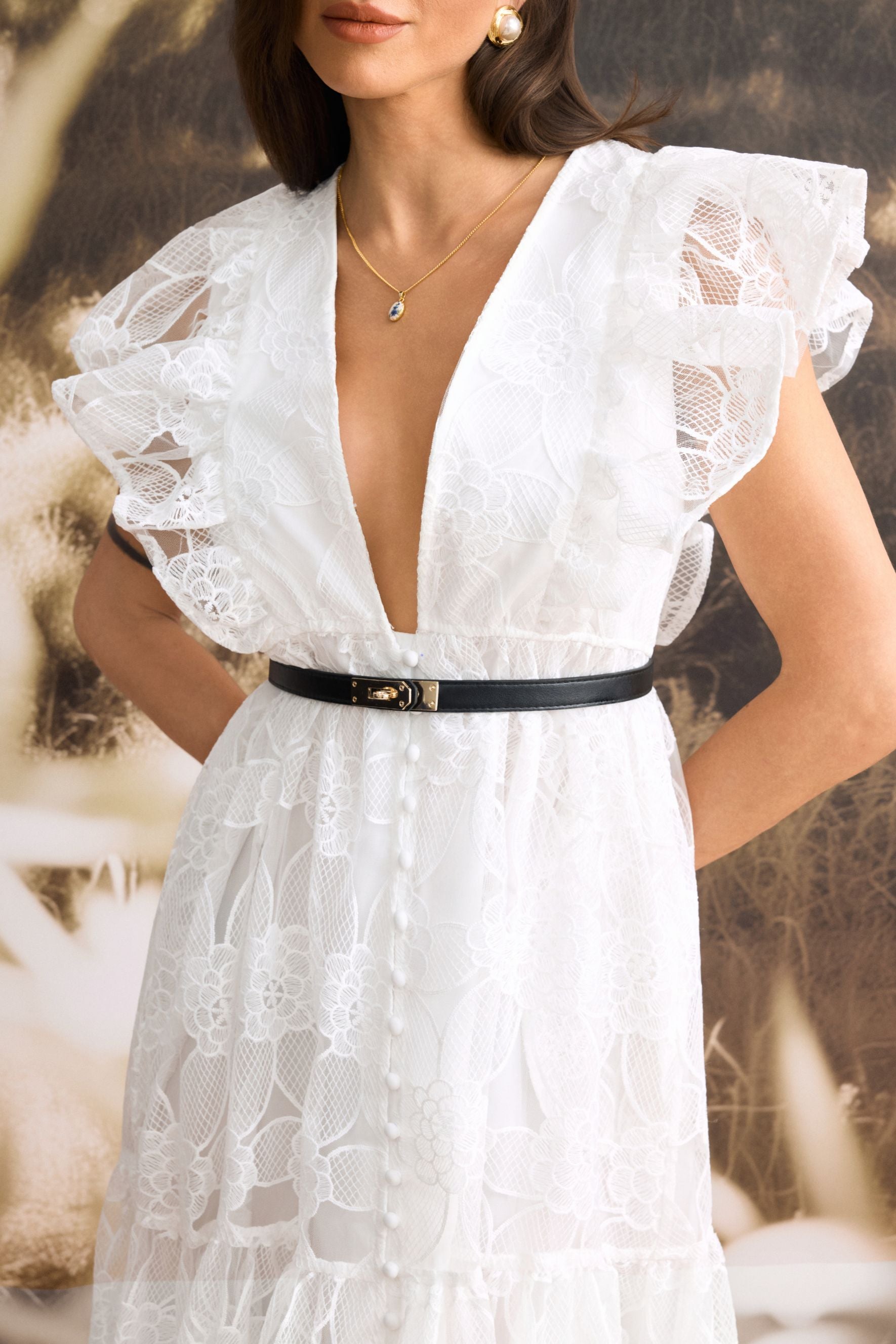 Luna Deep V-Neck Sheer Lace Maxi Dress