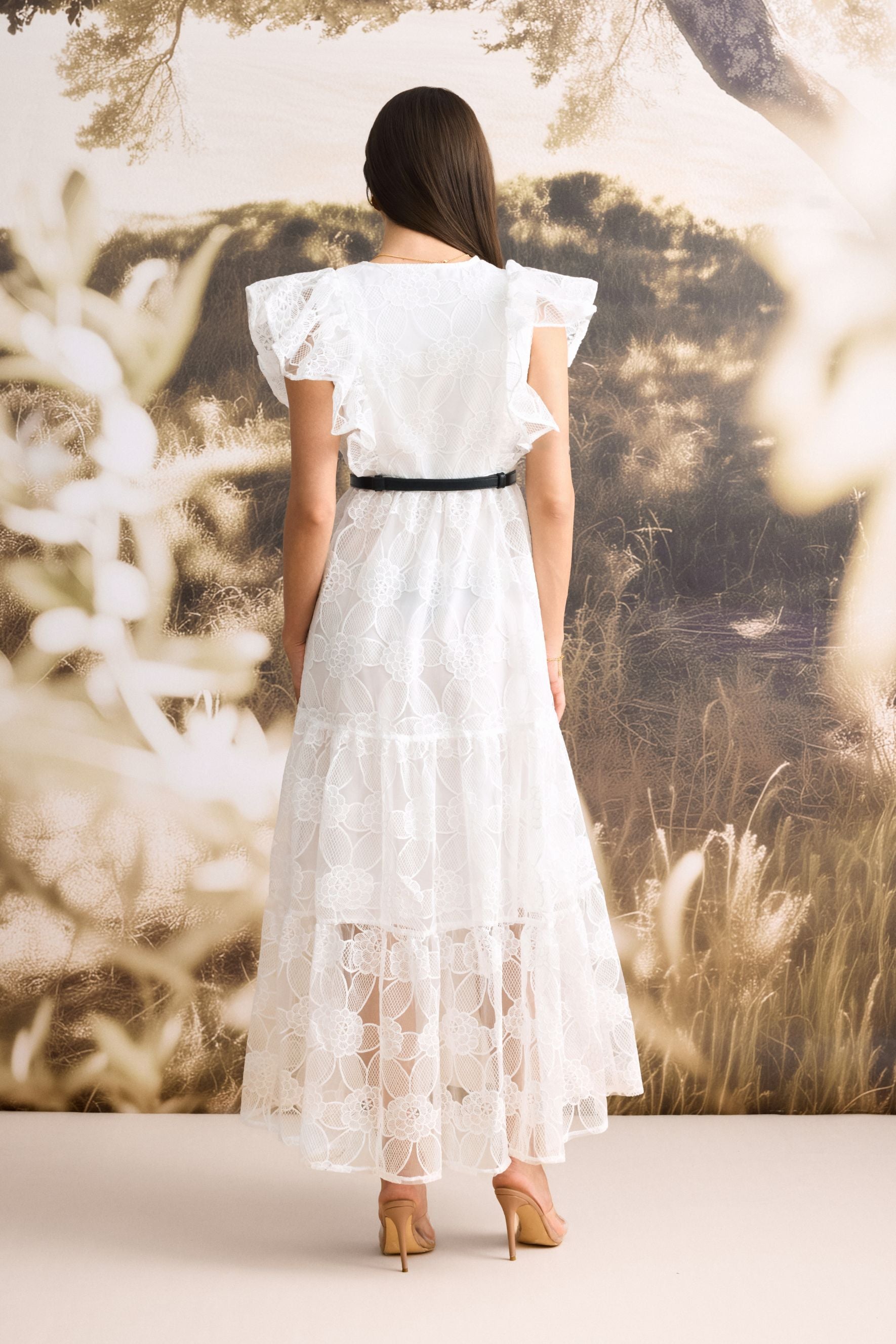 Luna Deep V-Neck Sheer Lace Maxi Dress