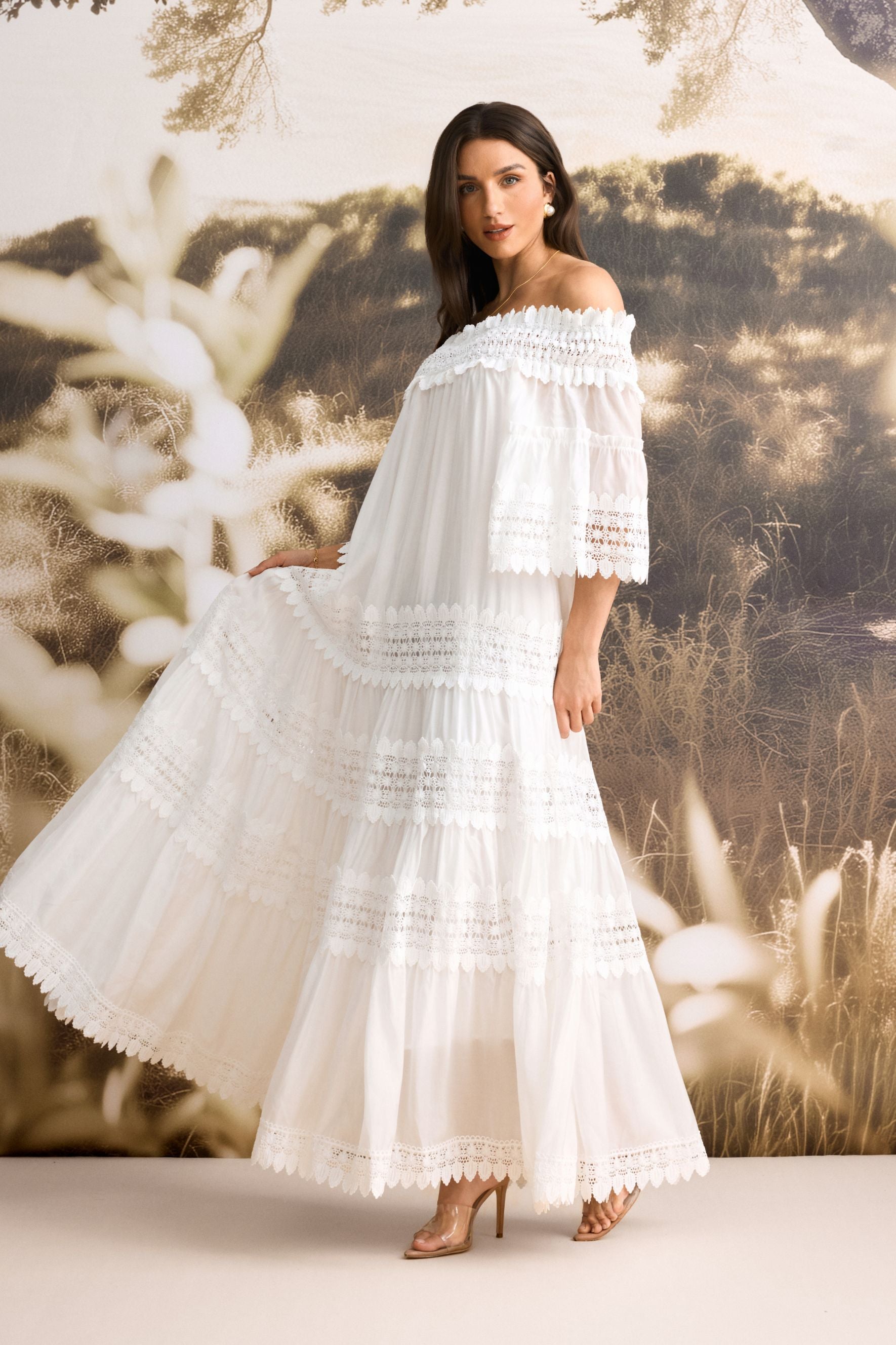 Maura Off Shoulder Lace Trim Maxi Dress