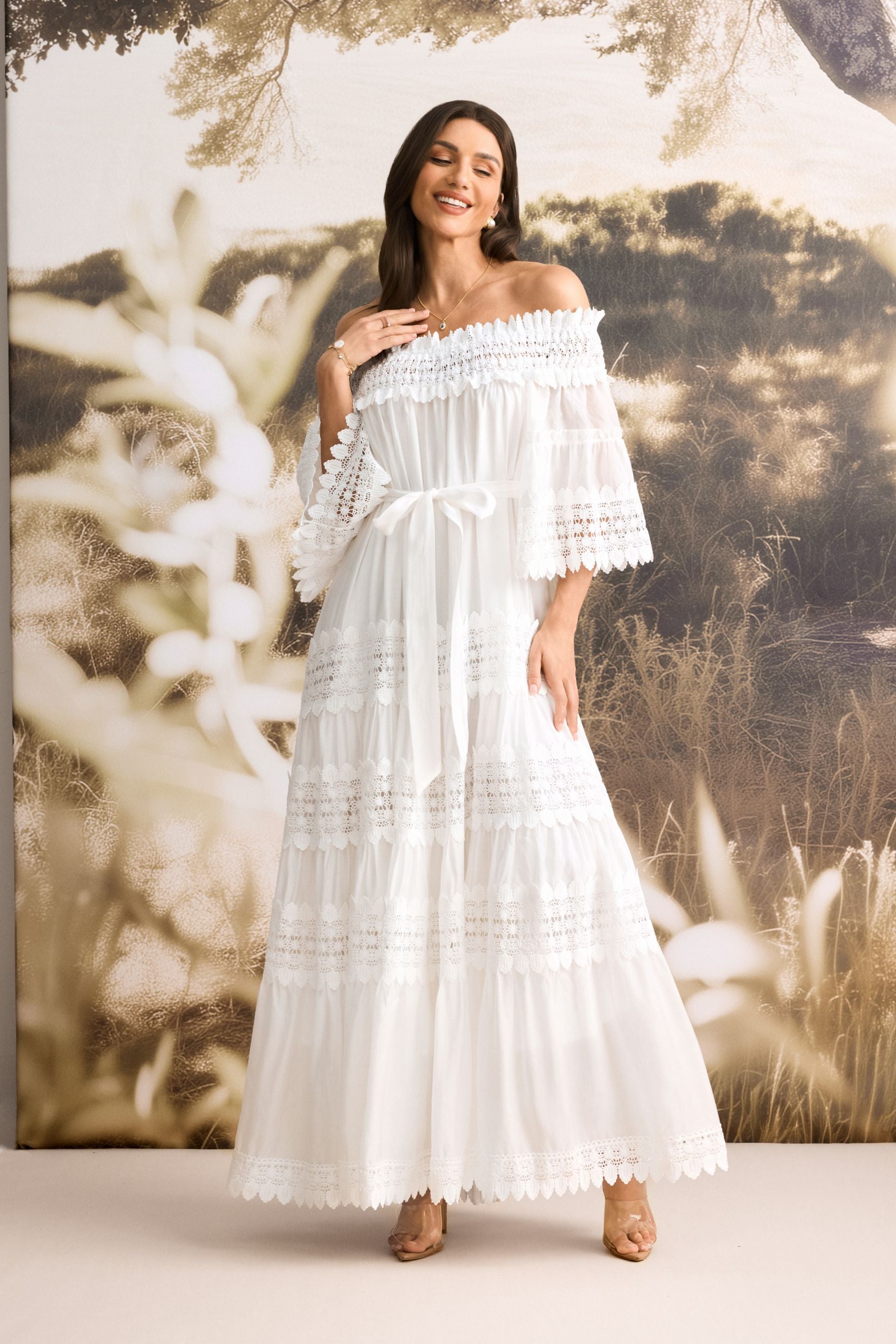 Maura Off Shoulder Lace Trim Maxi Dress