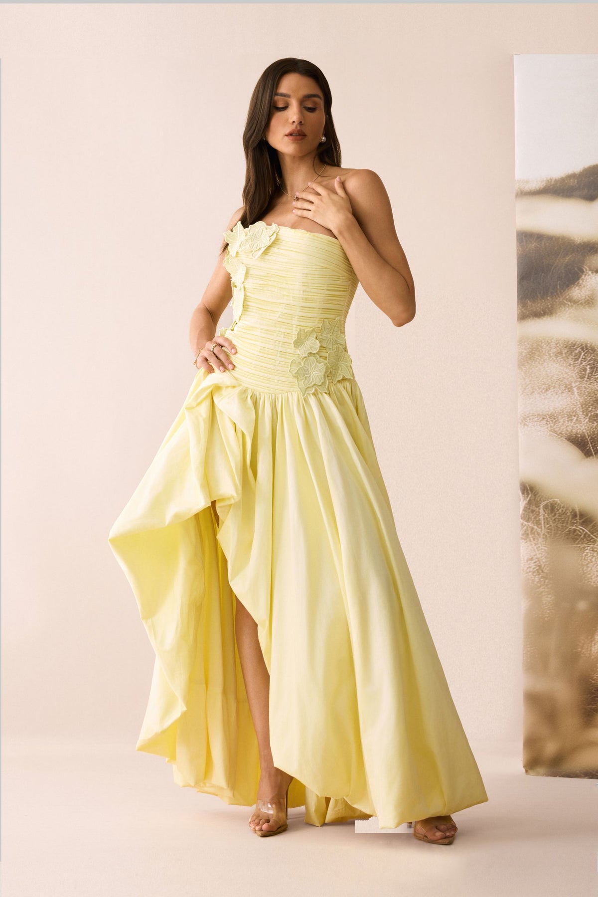 Ophelia Floral Applique Asymmetric Hem Maxi Dress