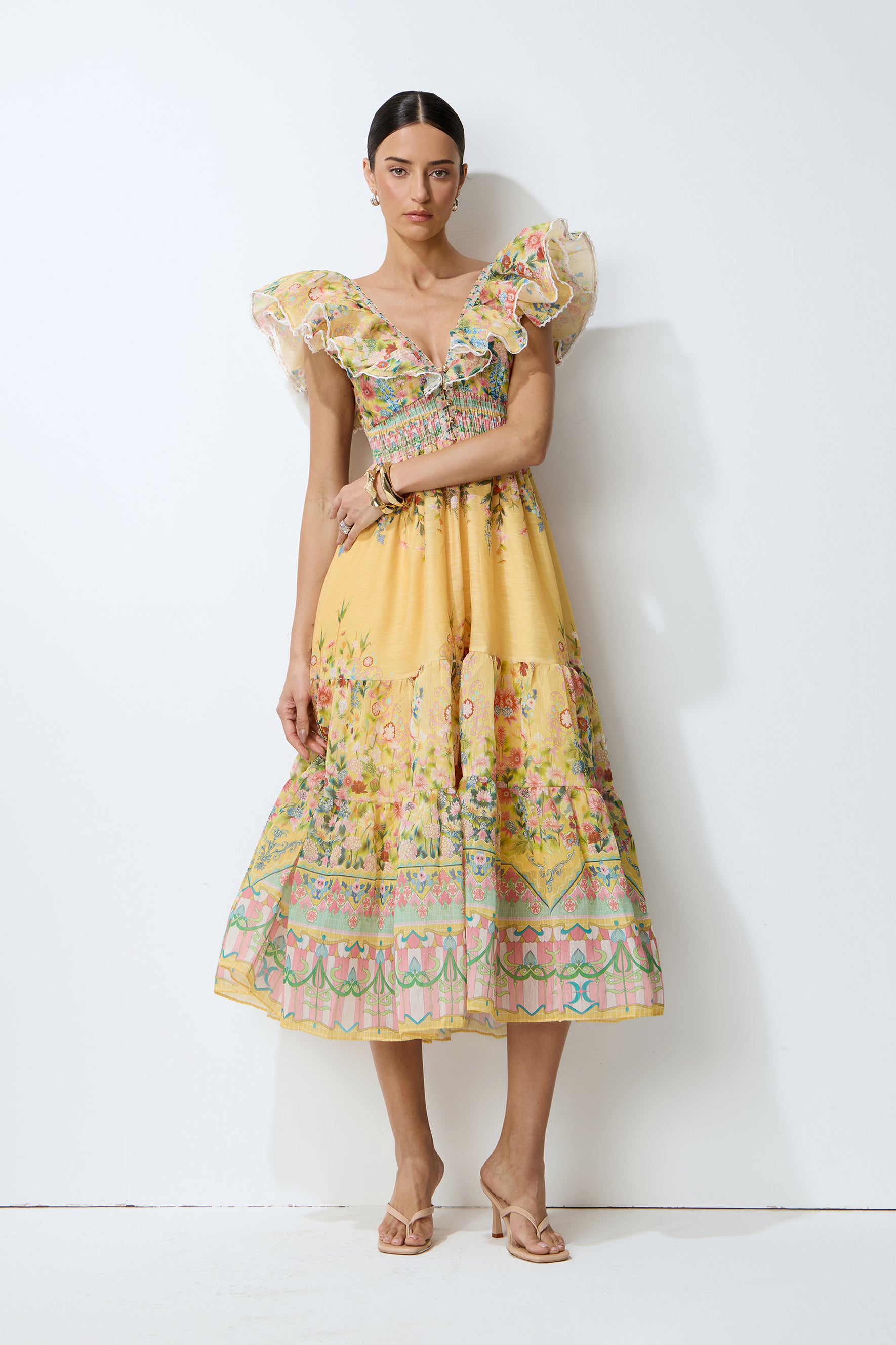 Keep The Feeling Yellow Floral Print Ruffle Flutter Sleeve Midi Dress