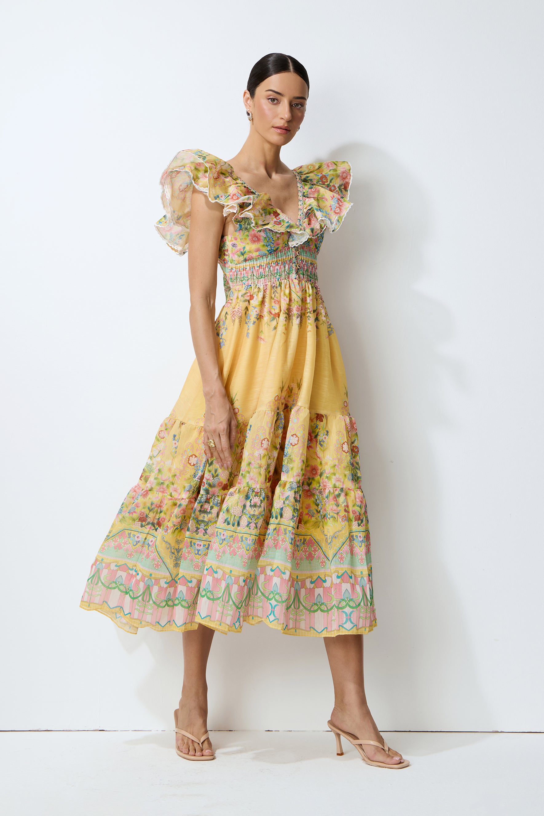 Keep The Feeling Yellow Floral Print Ruffle Flutter Sleeve Midi Dress