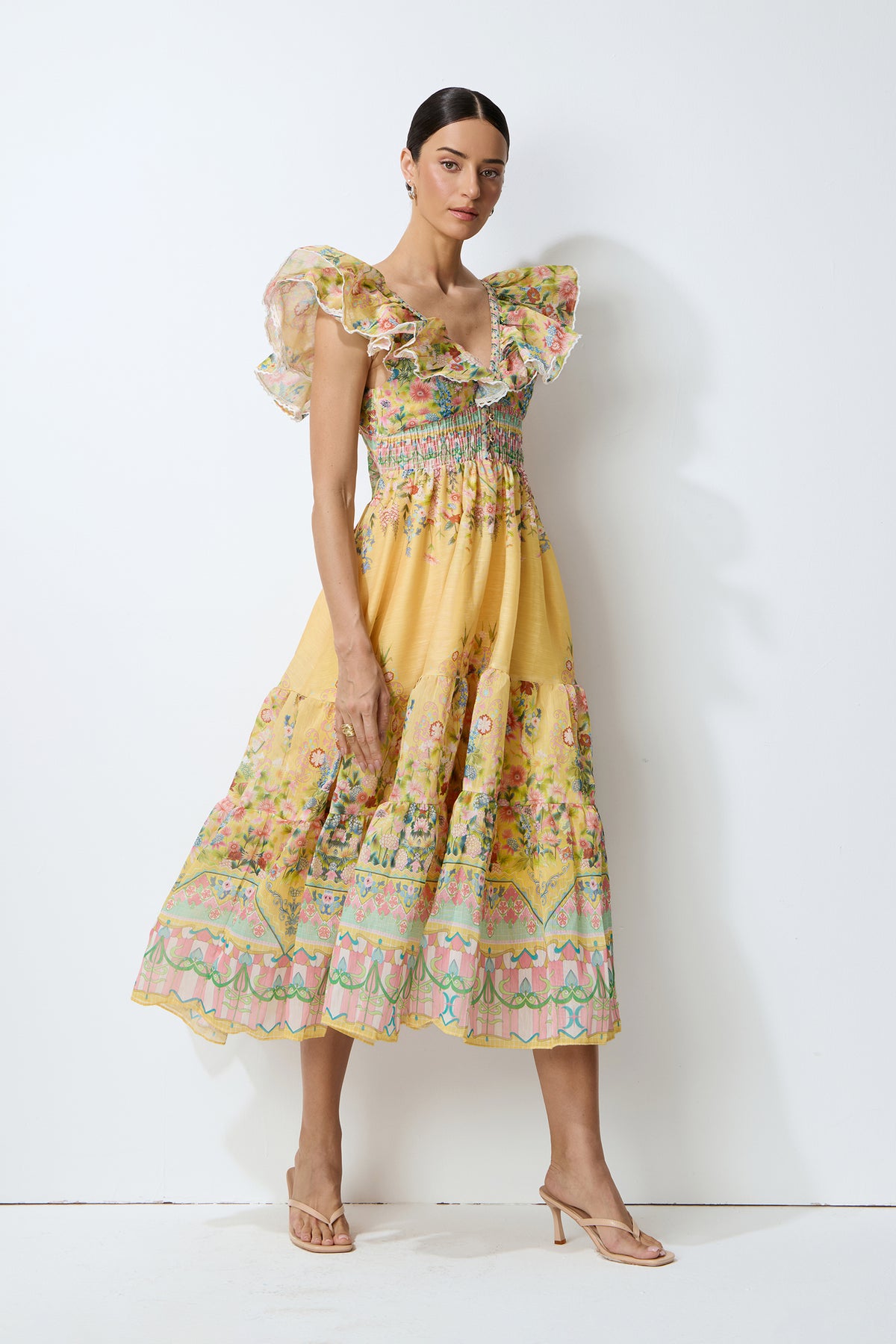 Keep The Feeling Yellow Floral Print Ruffle Flutter Sleeve Midi Dress