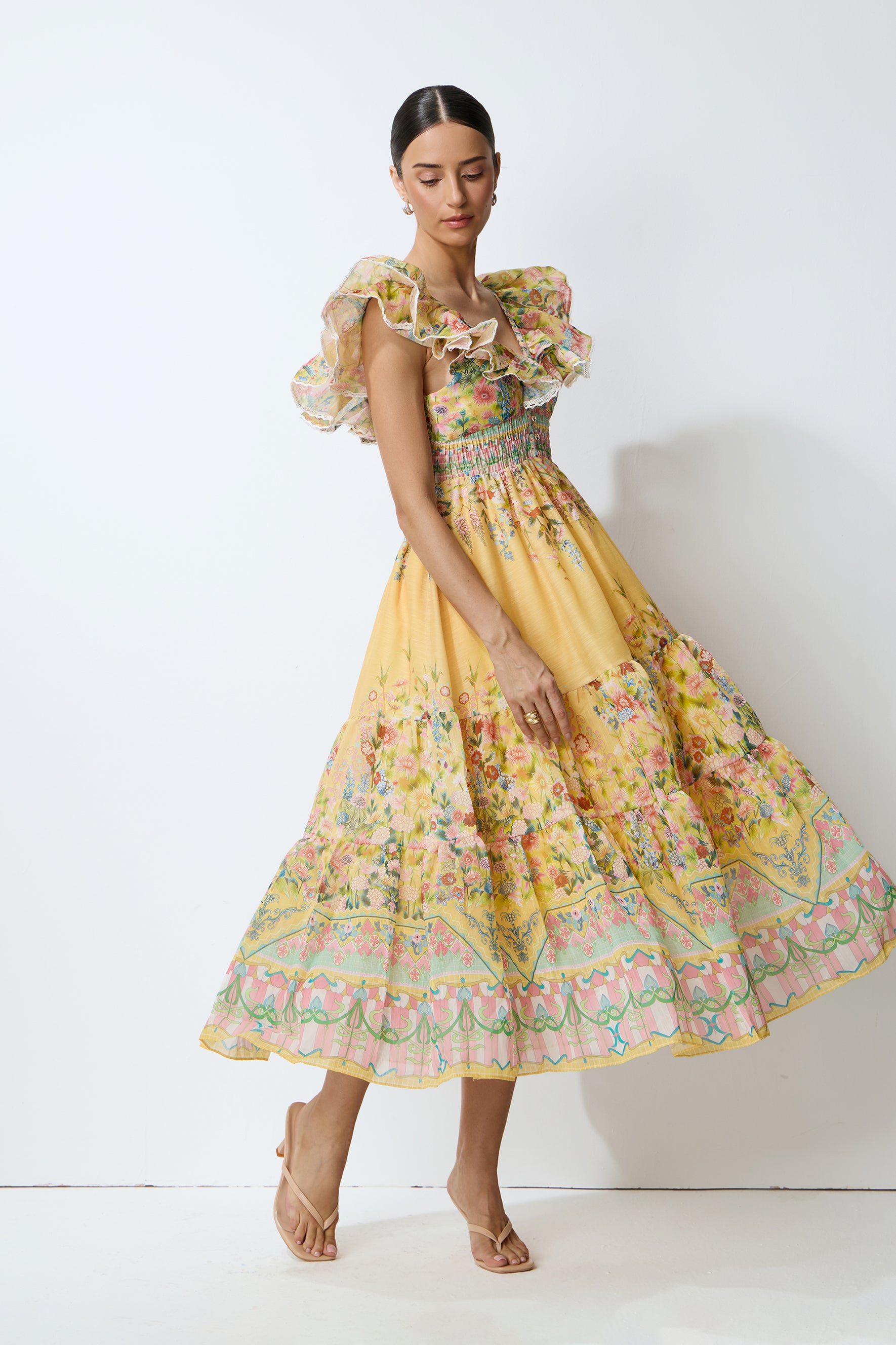 Keep The Feeling Yellow Floral Print Ruffle Flutter Sleeve Midi Dress