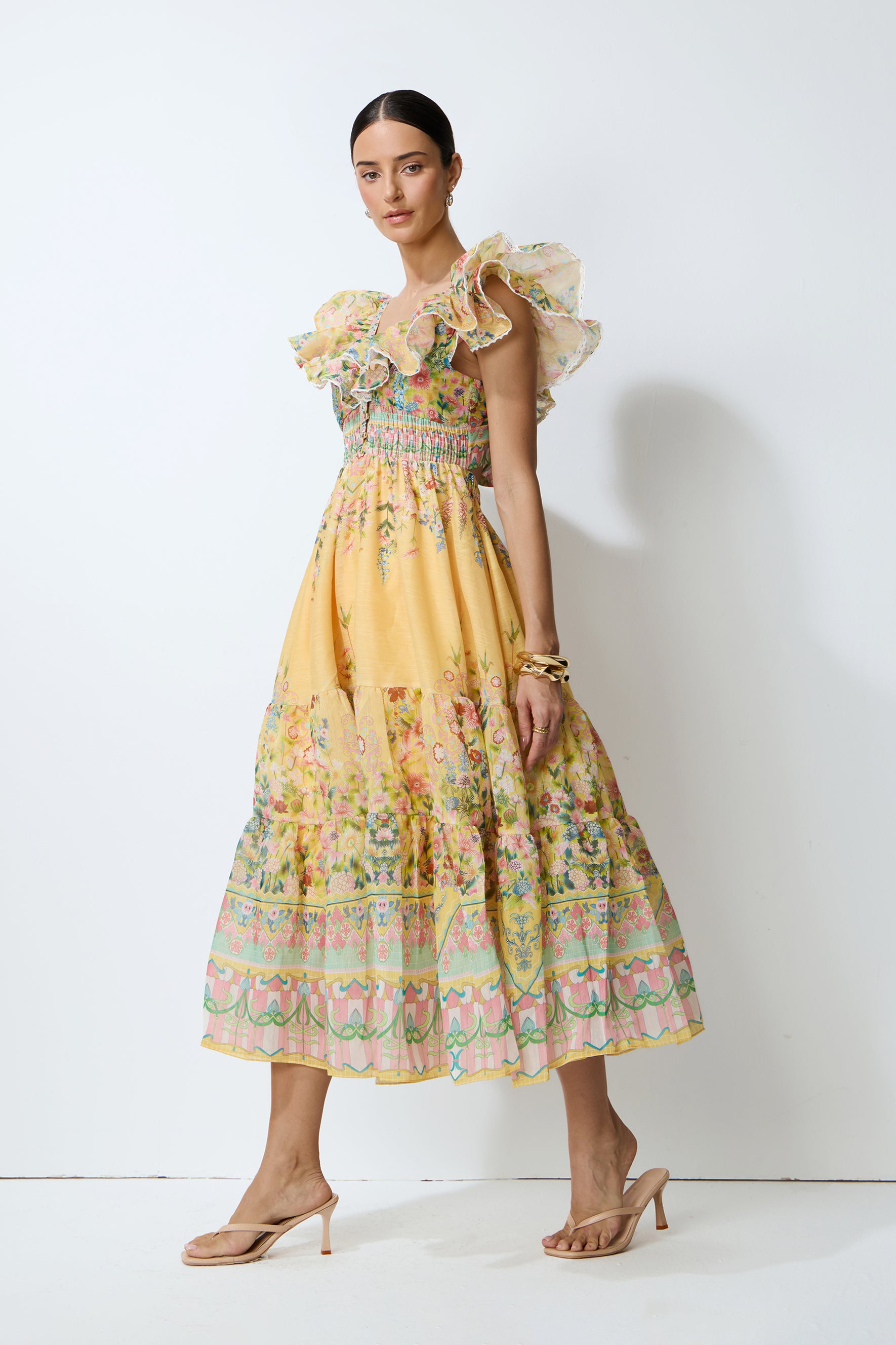 Keep The Feeling Yellow Floral Print Ruffle Flutter Sleeve Midi Dress
